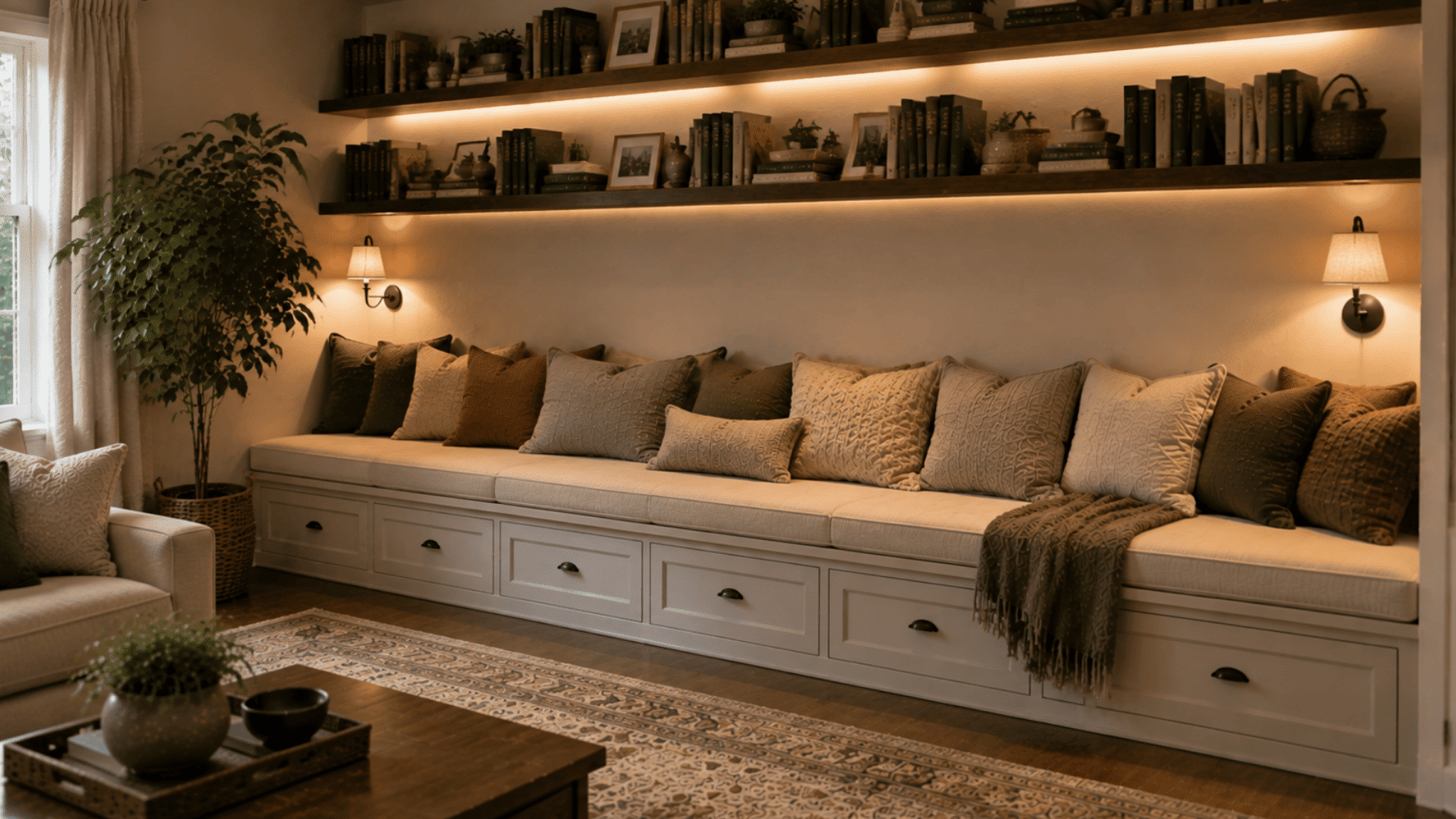 wall to wall reading bench with cushions, shelves, books, and lighting along a spacious home wall