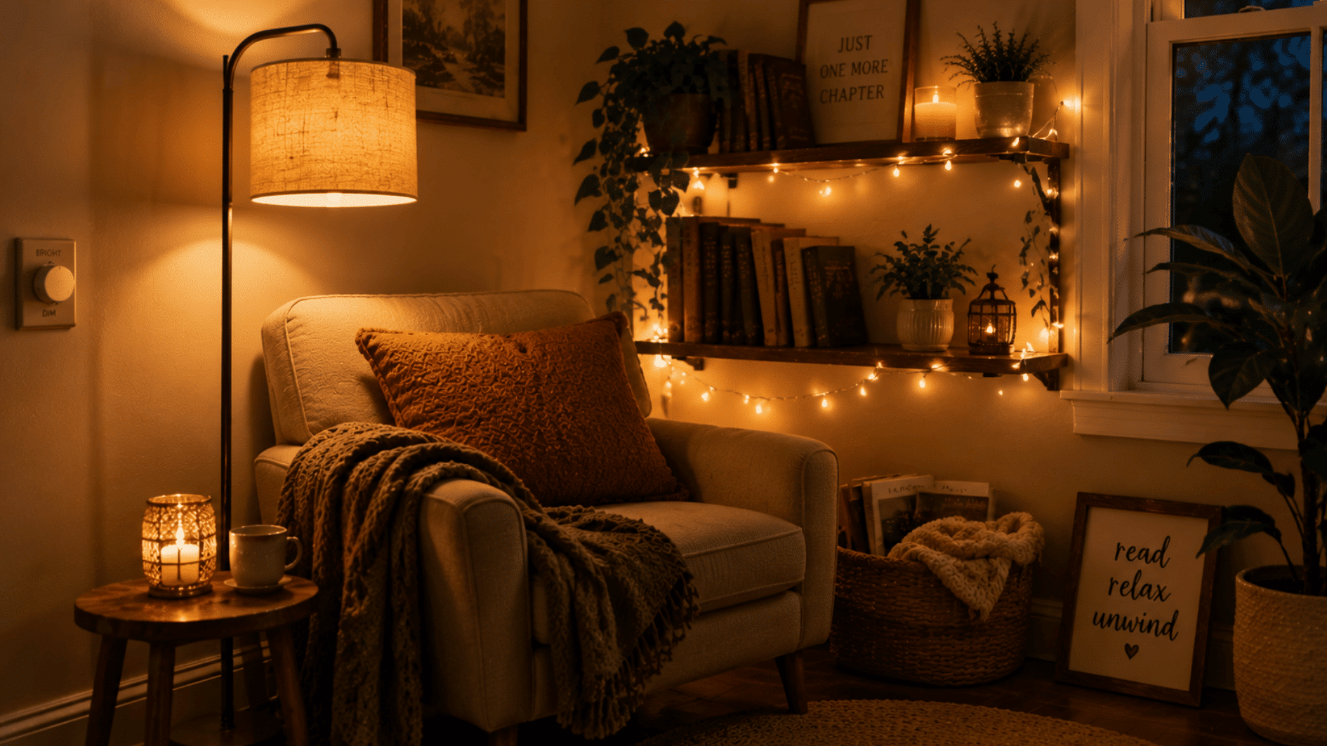 warm lighting reading nook with lamps, string lights, books, chair, and cozy evening atmosphere