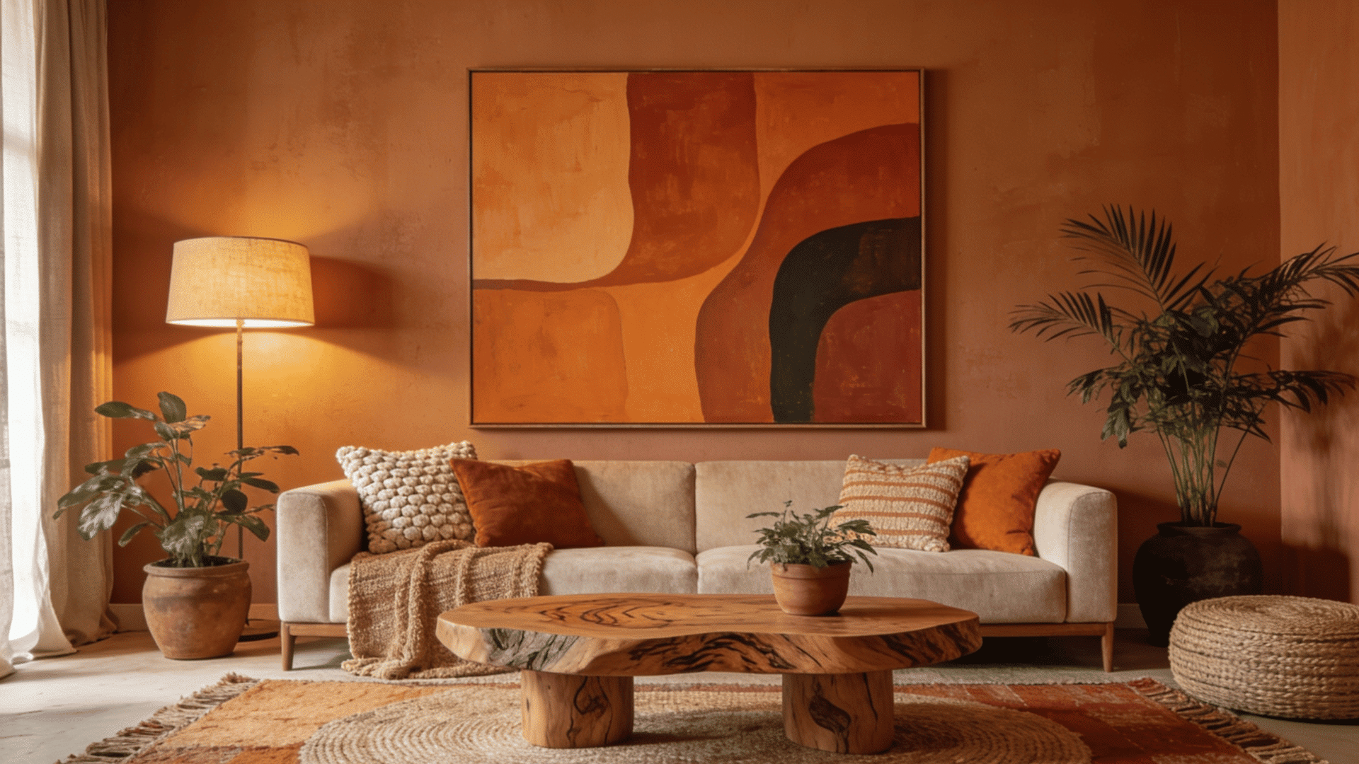 warm living room with neutral sofa, wooden coffee table, plants, and layered lighting creating a cozy spacious atmosphere