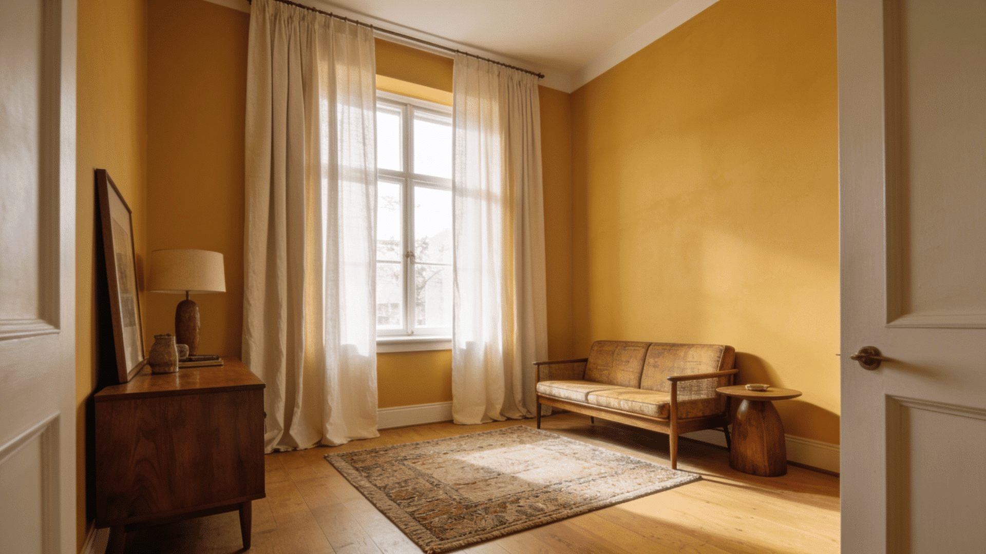warm living room with sheer curtains, natural light, and simple furniture creating an open and spacious room appearance