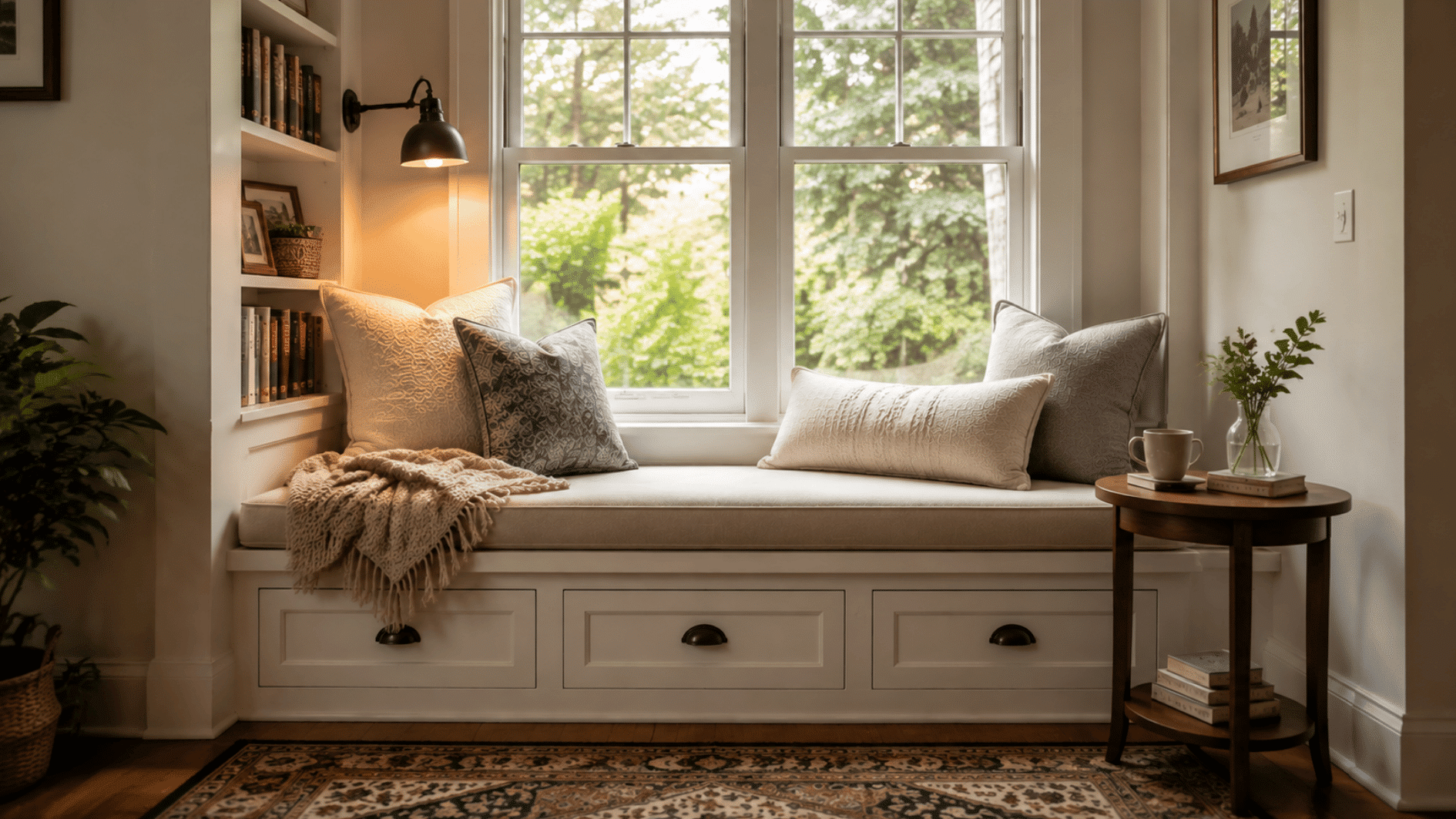 window bench reading nook with soft cushion, storage drawers, lamp, and books beside a bright natural window