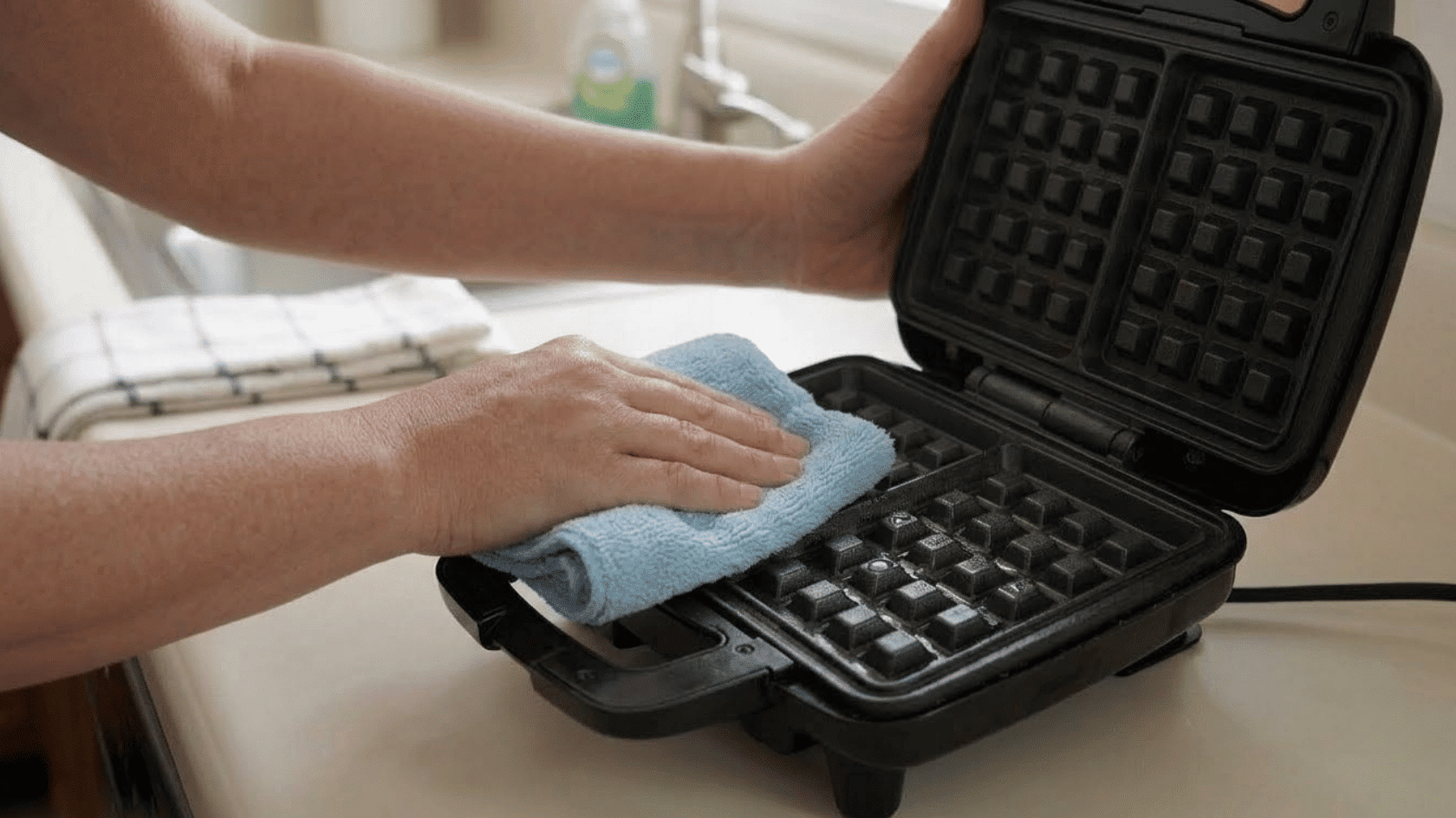 wiping waffle maker plates with a soft cloth