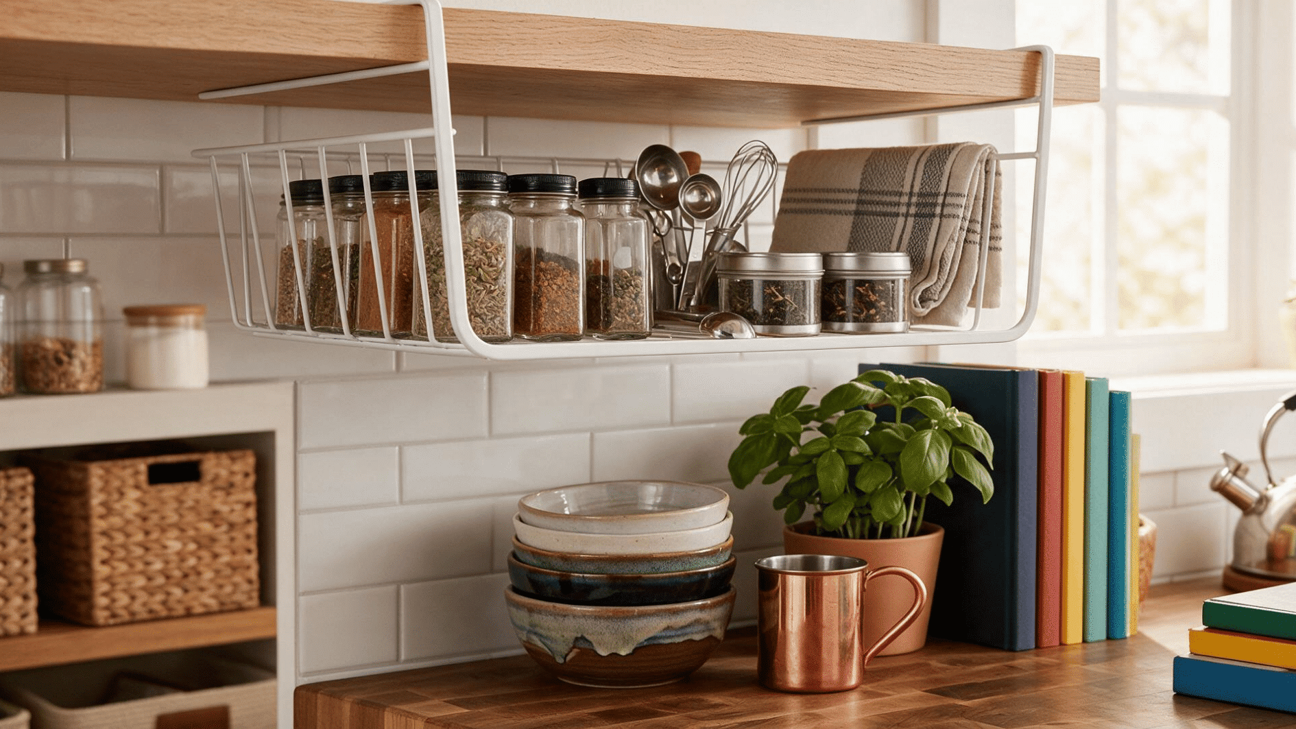 wire basket attached under a kitchen shelf for extra storage space (1)
