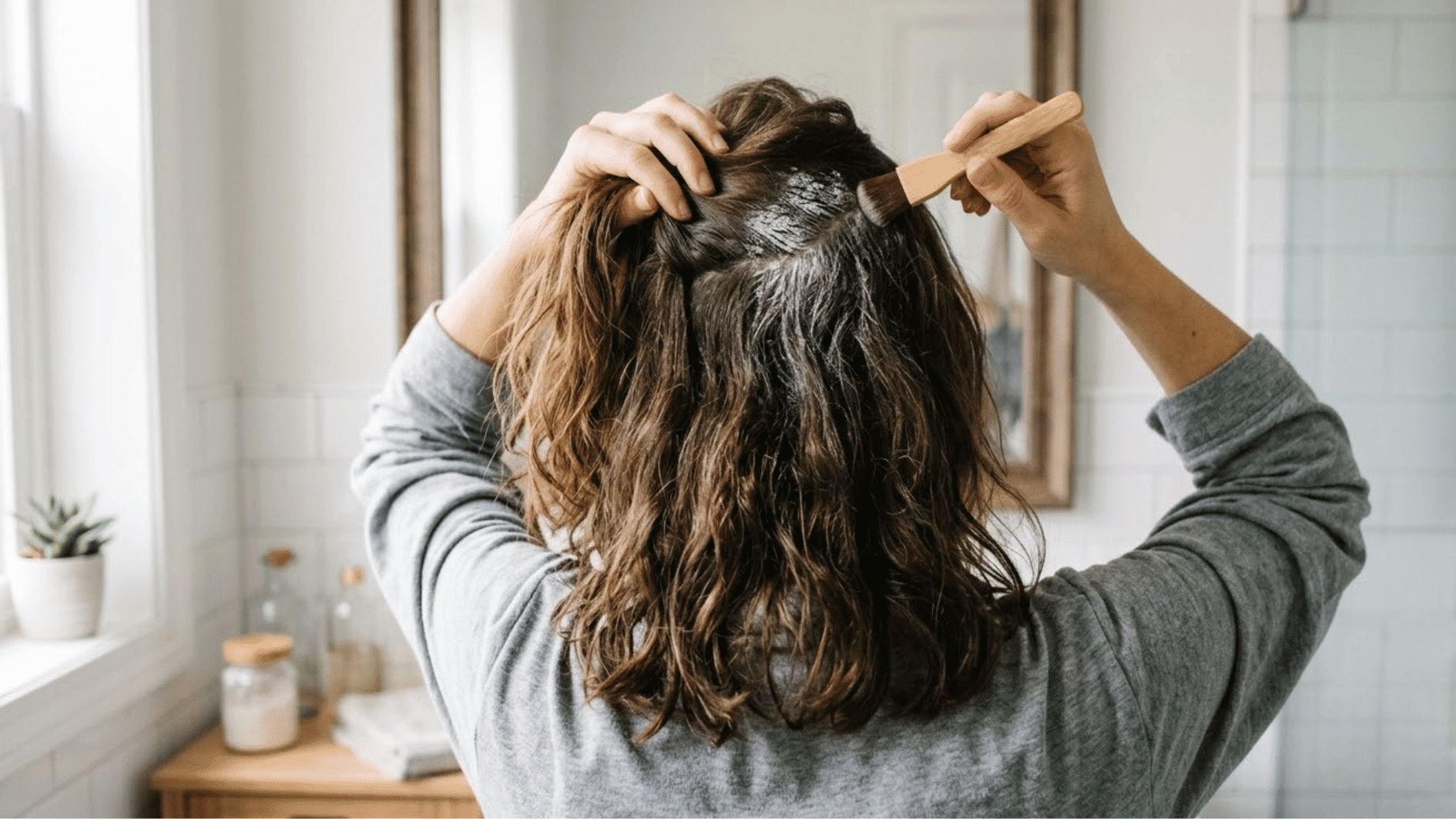 back view of woman with healthy hair applying dry shampoo with brush