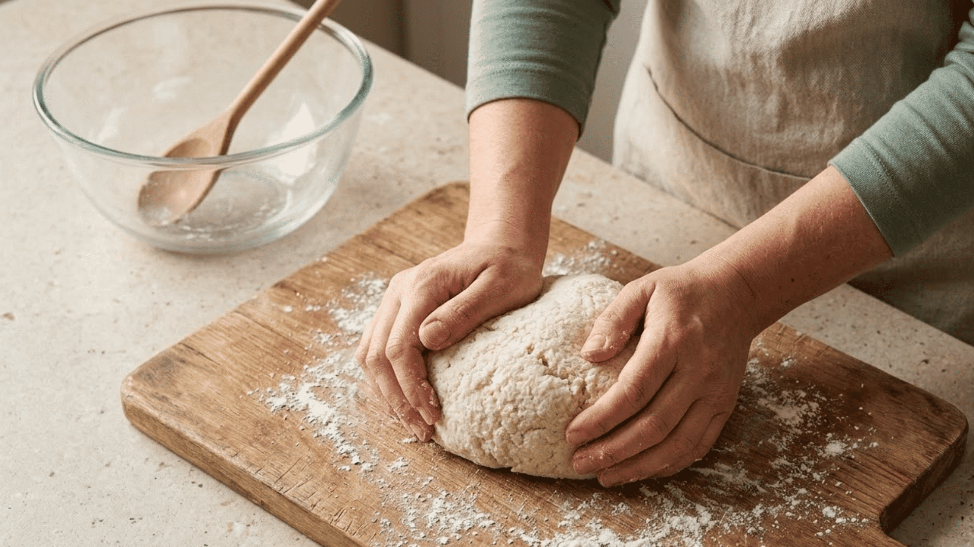 woman kneading pale salt dough with both hands on a wooden board until the surface becomes smooth