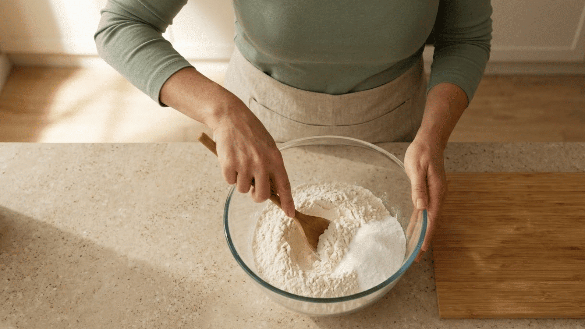 woman mixing flour and fine table salt in a clear glass bowl on a beige kitchen counter