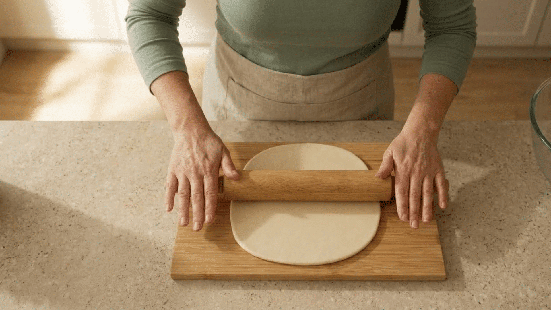 woman rolling salt dough into an even sheet with a wooden rolling pin on a beige kitchen counter