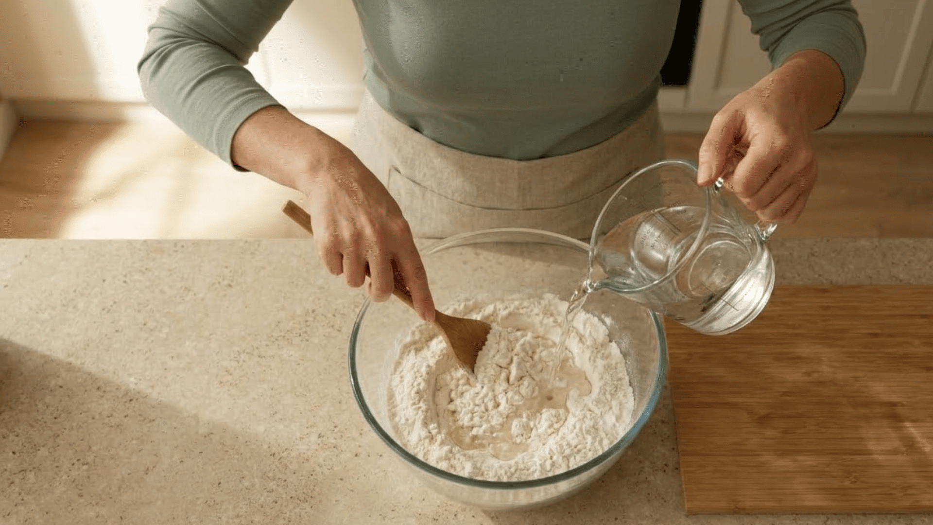 woman slowly pouring warm water into flour and salt while stirring the mixture in a glass bowl