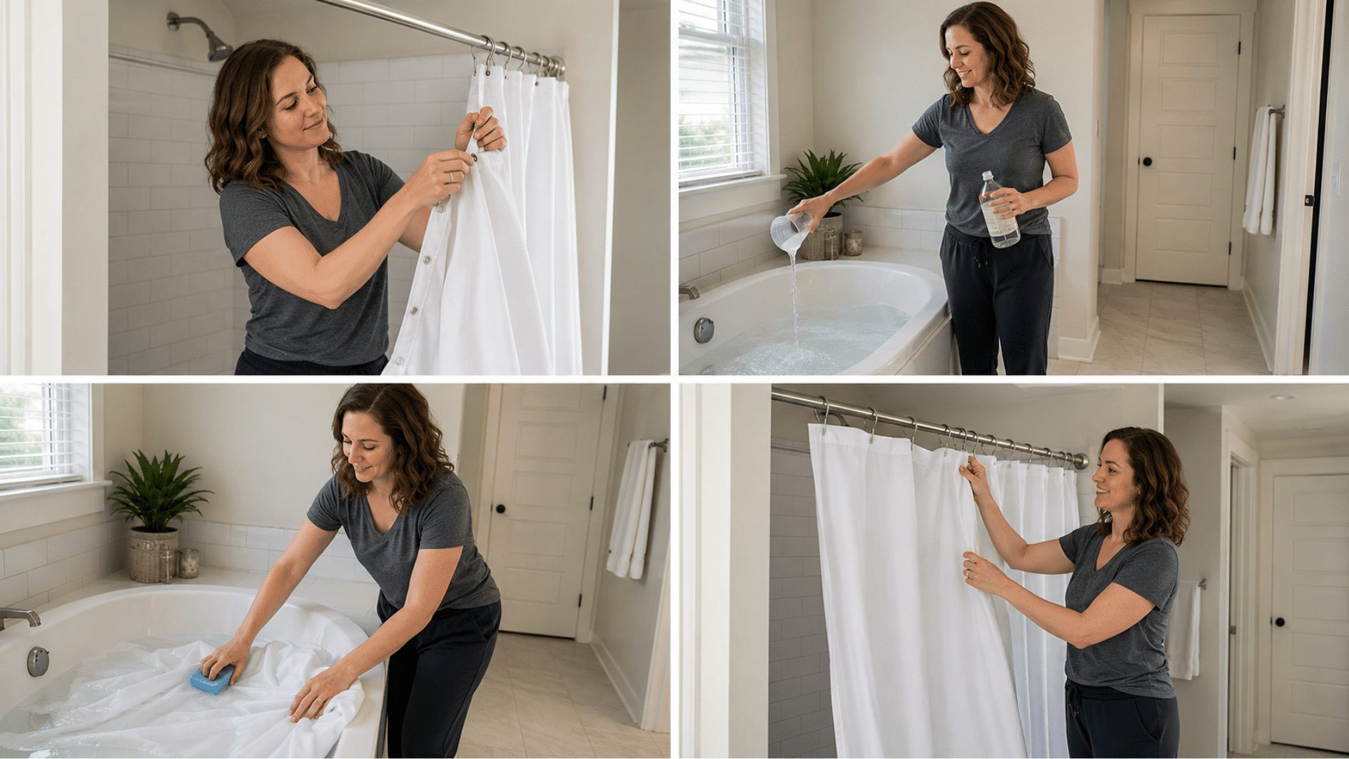 woman washing a white shower curtain in a bathtub and rehanging it in a bright modern bathroom again