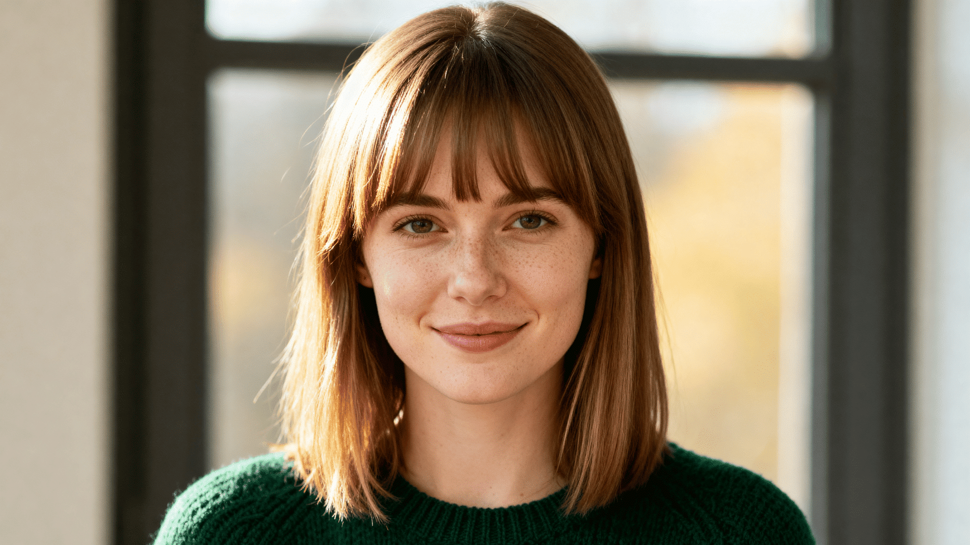 woman with fine light brown hair styled in a shoulder-length haircut featuring soft wispy bangs and layers
