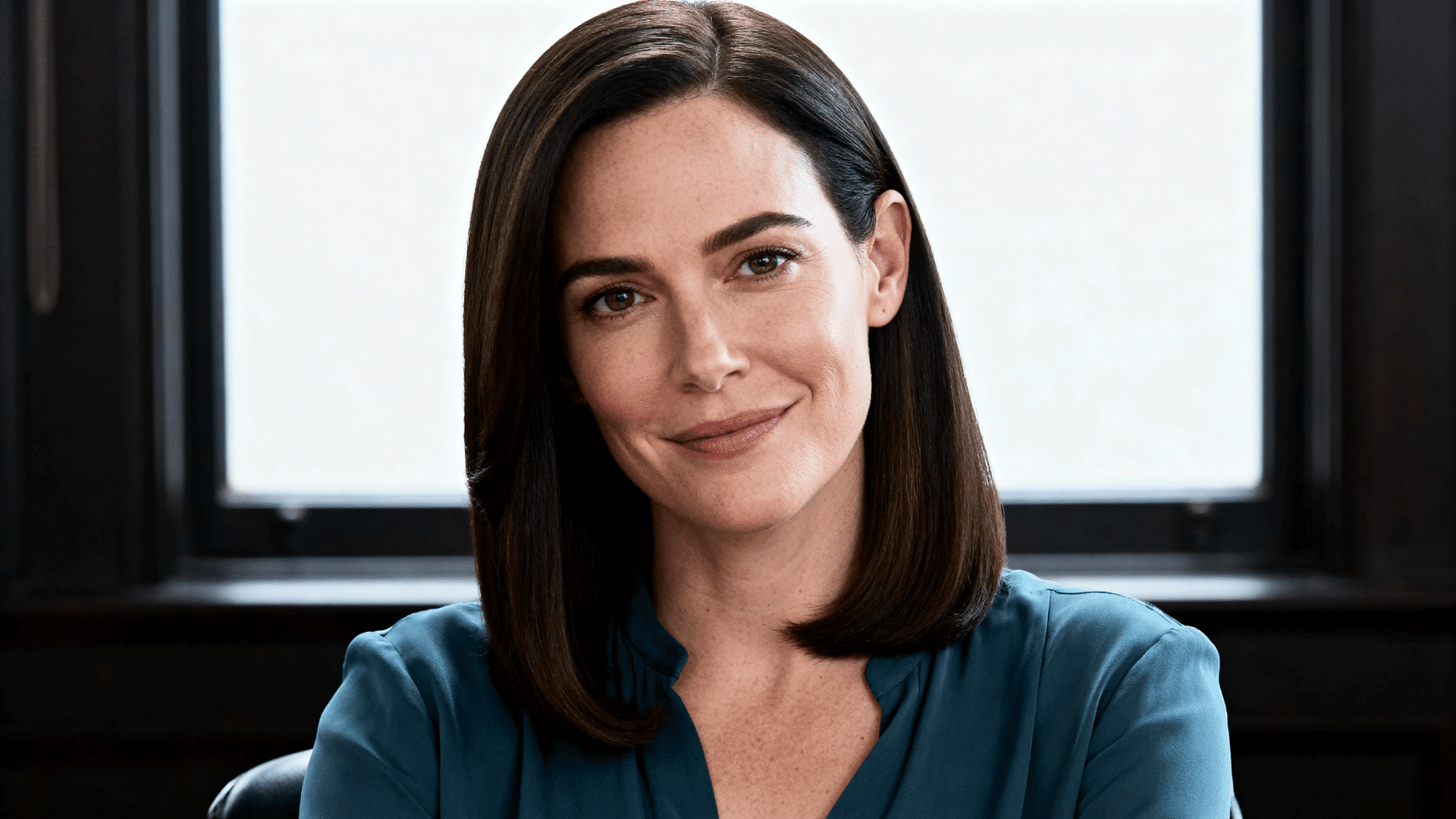 woman with fine straight dark brown hair styled in a classic medium-length French bob haircut with a side part