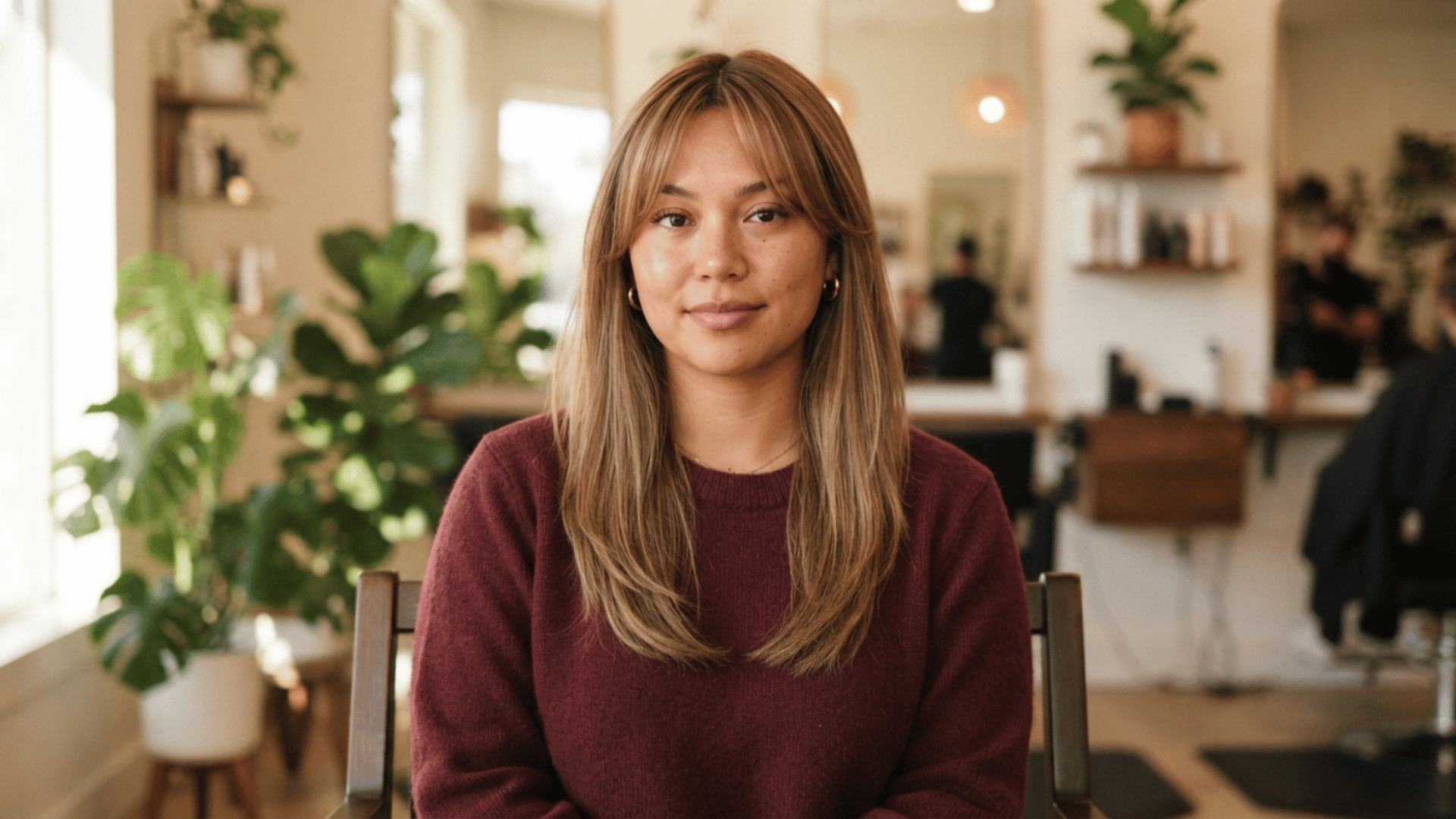 woman with fine straight light brown hair featuring curtain bangs and soft medium-length face-framing hair layers