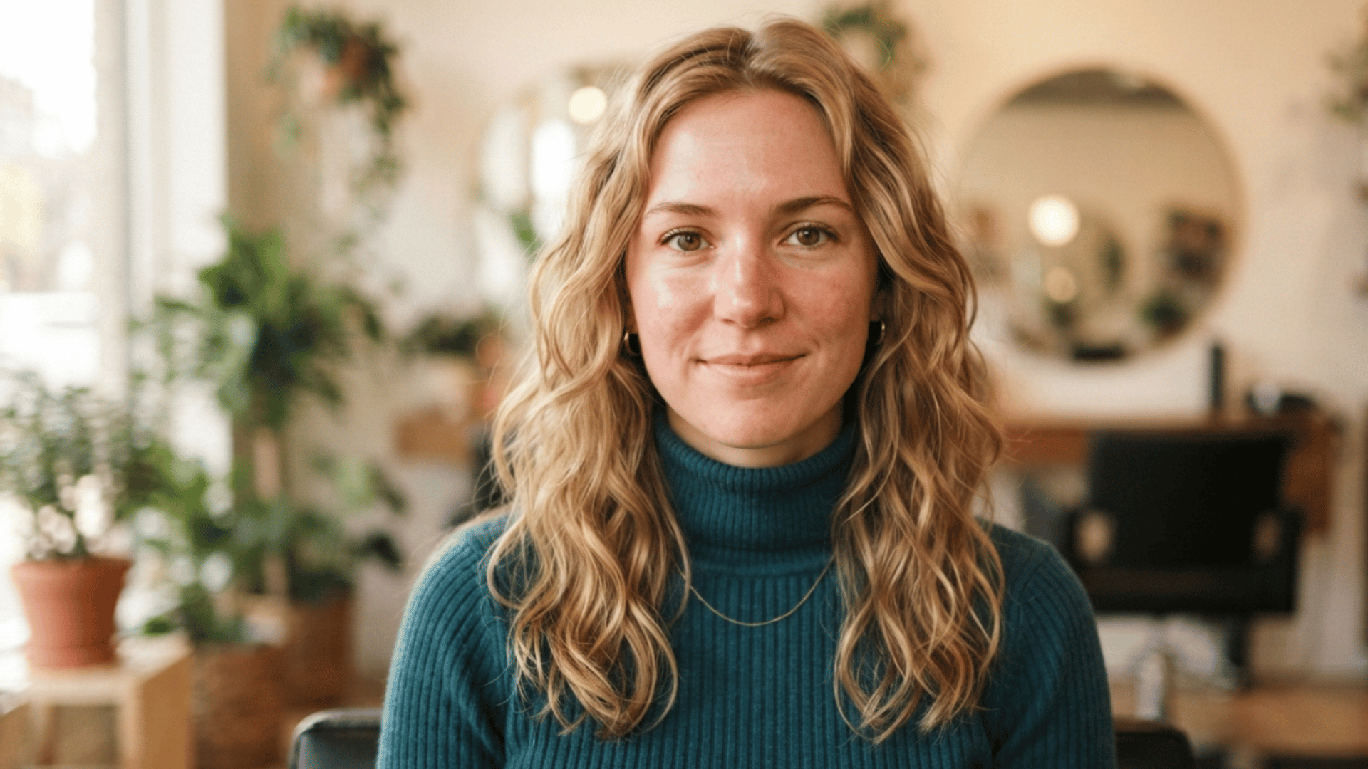 woman with sandy blonde wavy hair styled in a soft medium-length shag haircut featuring blended natural layers