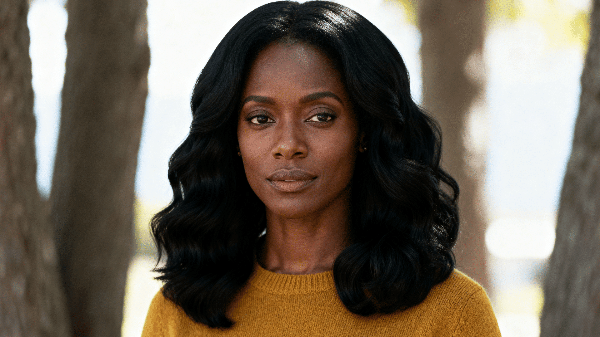 woman with thick wavy black hair styled in a medium-length U-shaped haircut featuring soft natural rounded layering