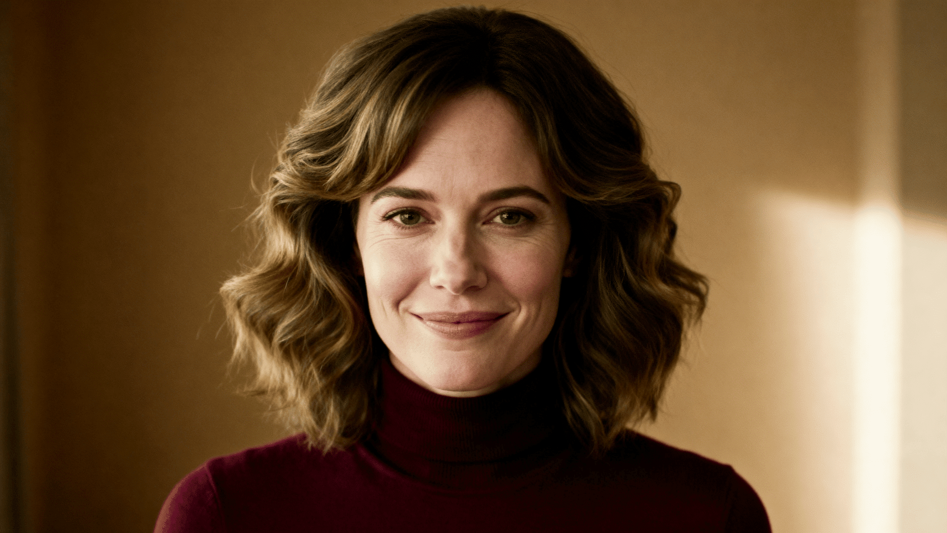woman with wavy dark blonde hair styled in a modern medium-length rachel haircut with voluminous flipped layers