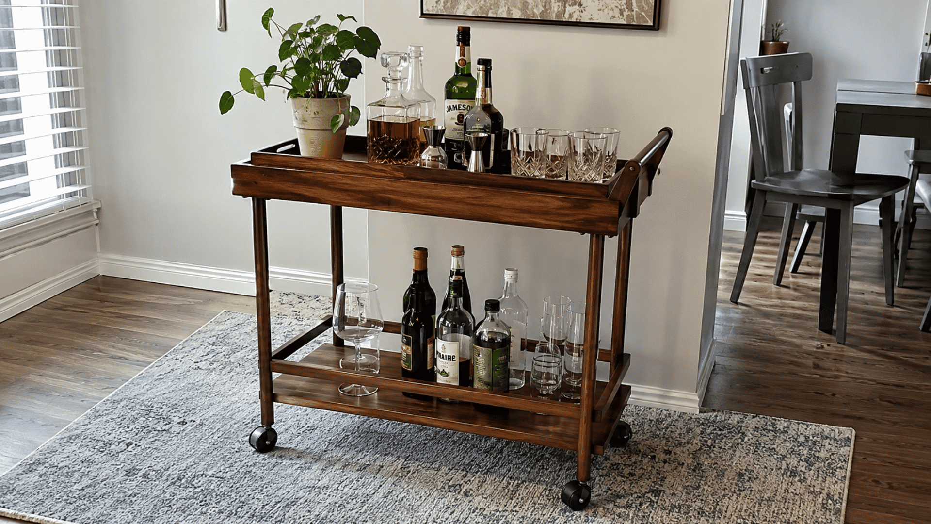 Wood bar cart on a gray patterned rug, holding whiskey bottles, decanters, glasses, and a small potted plant