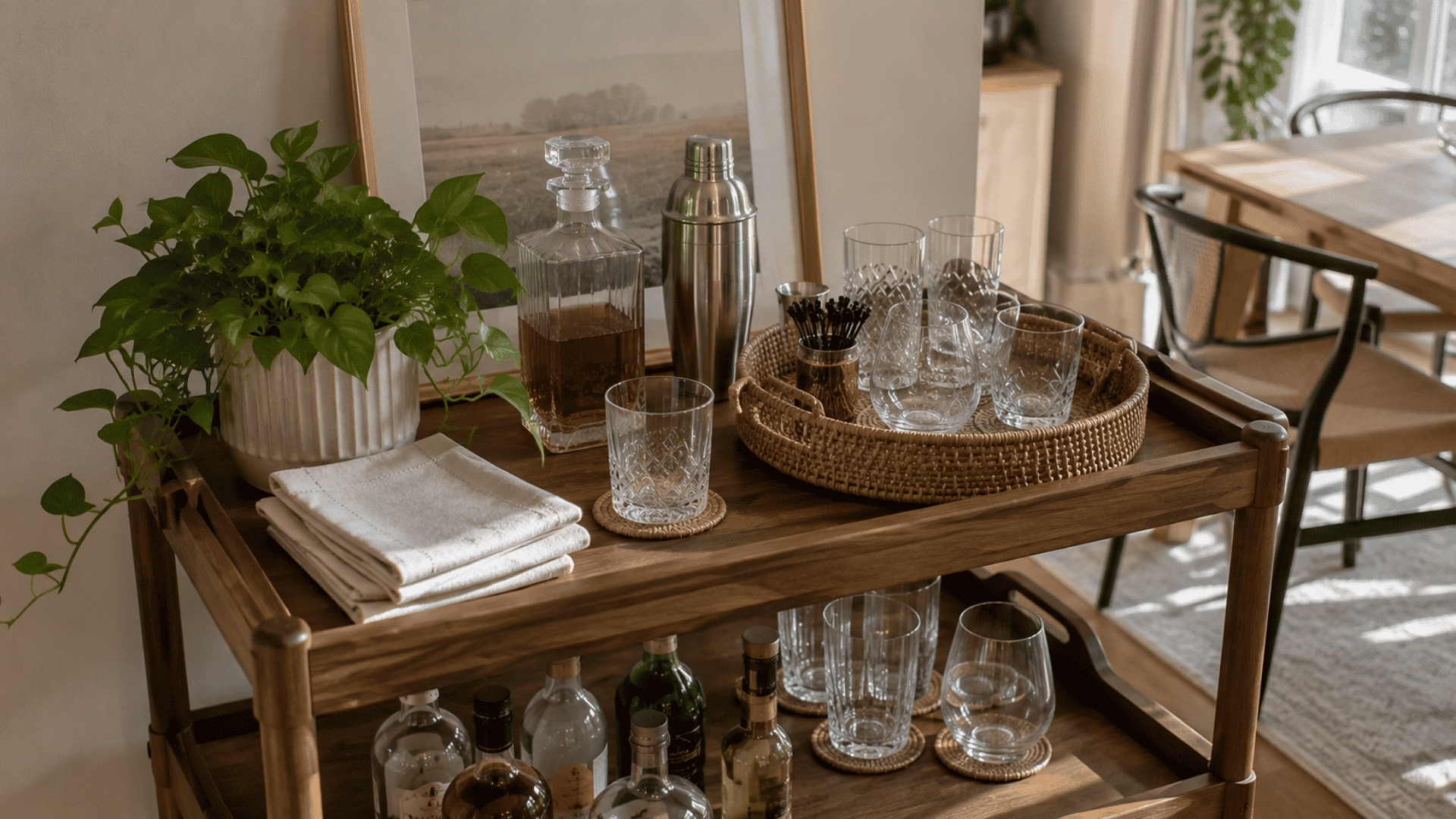 Wood bar cart with rattan tray, linen napkins, decanter, shaker, crystal glassware, and a trailing plant