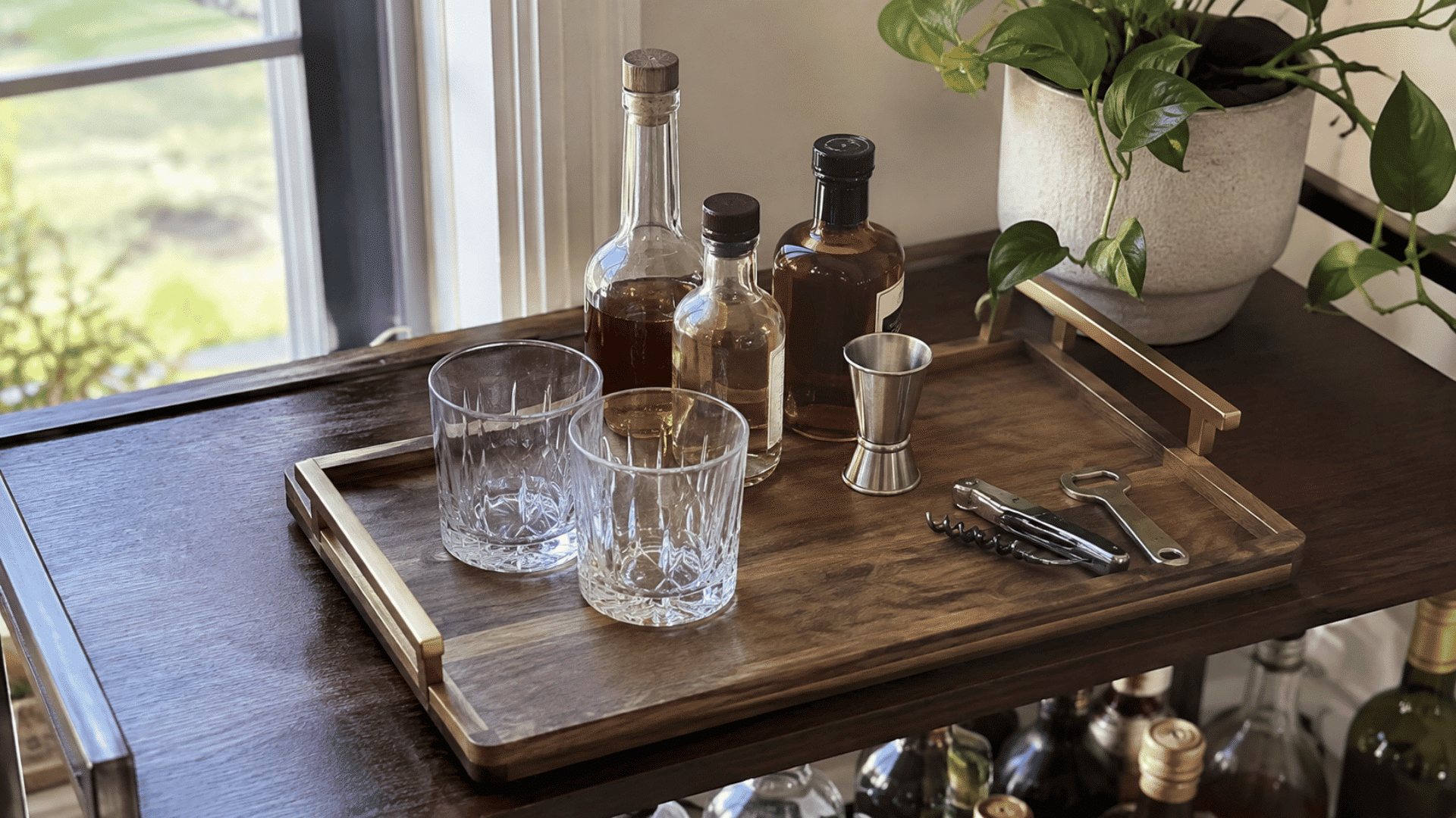 Wood tray on bar cart holding whiskey bottles, crystal glasses, jigger, corkscrew, and bottle opener near a plant
