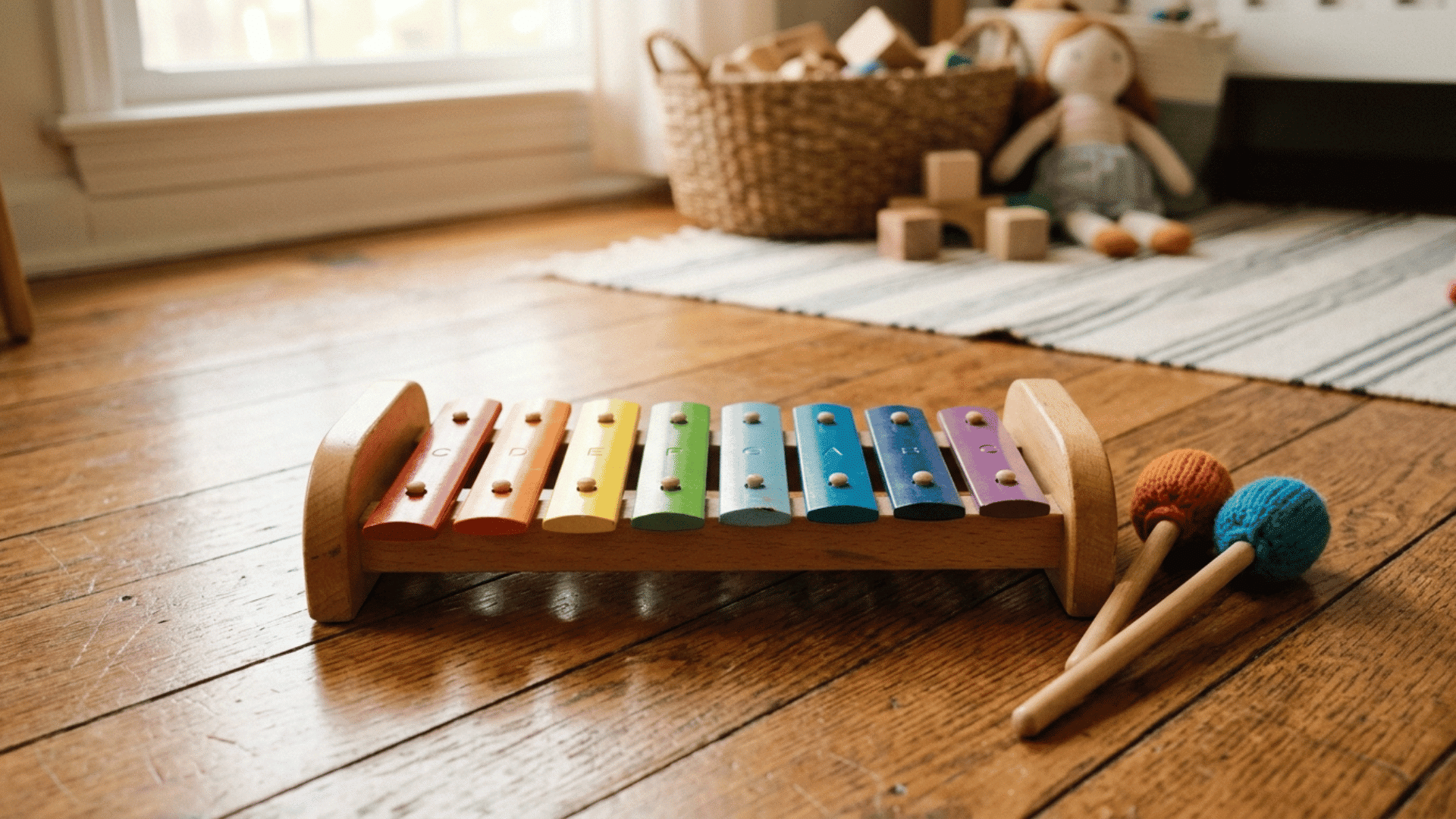 rainbow wooden toy xylophone with two soft mallets placed on a warm wooden nursery floor