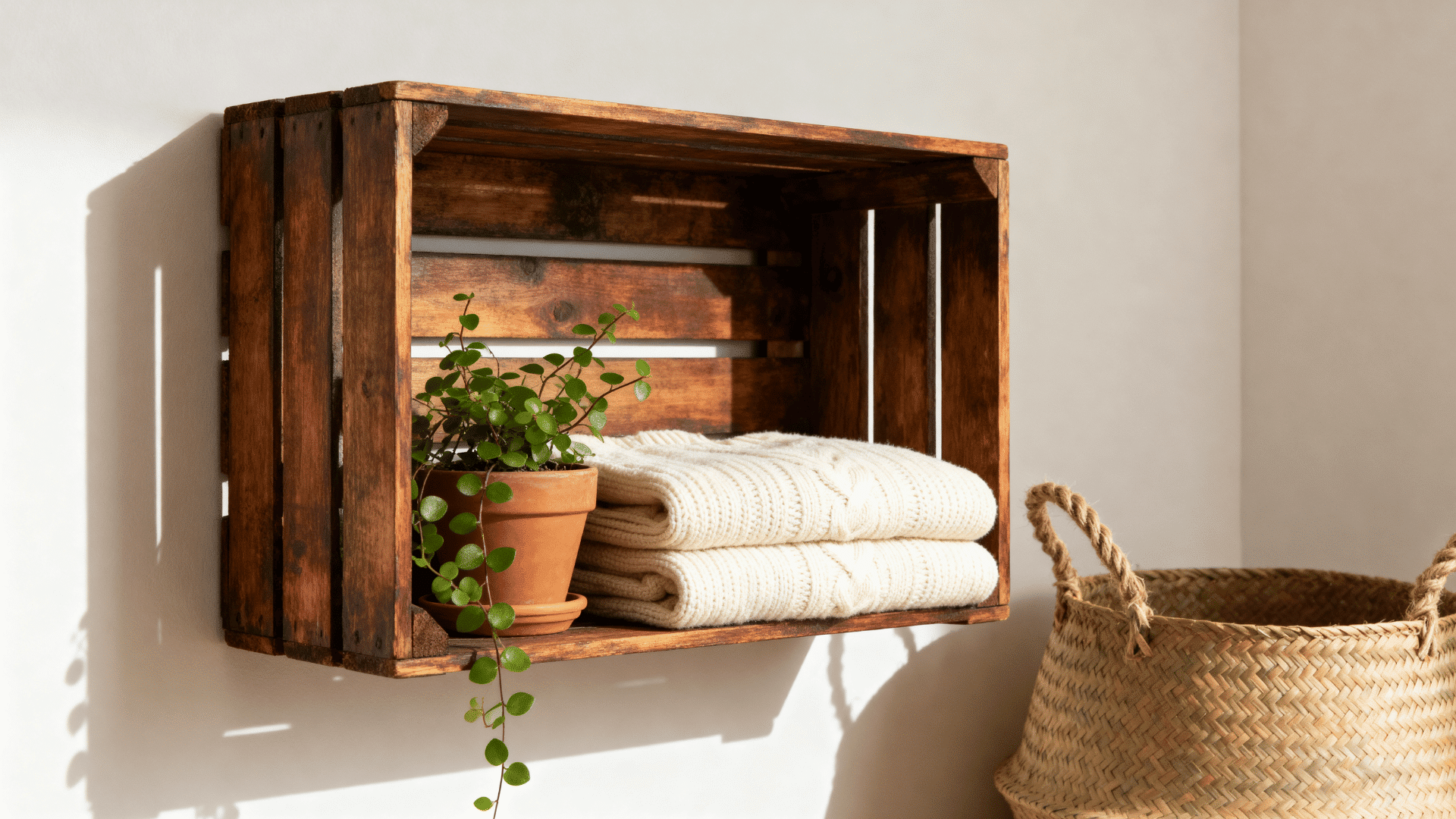 stained wooden crate mounted on a wall holding folded sweaters and a plant