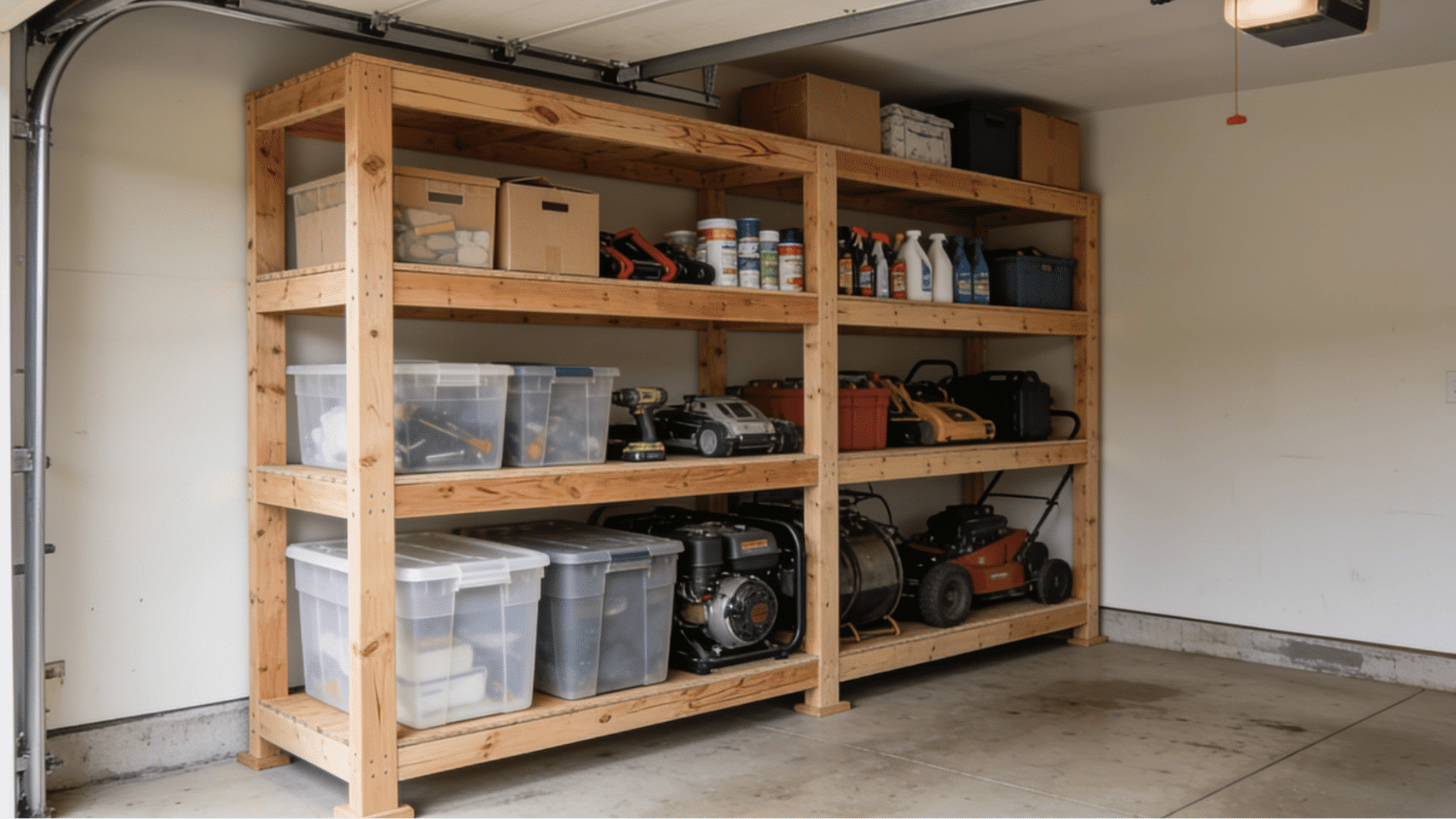 wooden garage shelving with storage bins tools lawn equipment and organized workshop supplies