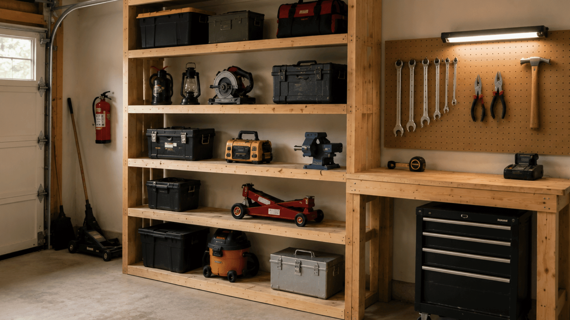 wooden garage shelving with toolboxes, storage bins, pegboard tools, and a workbench in an organized workshop space