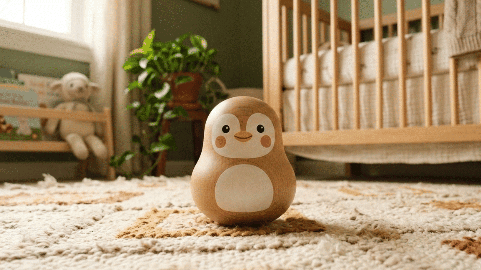 small wooden penguin wobble toy standing on a patterned rug in a calm and bright nursery