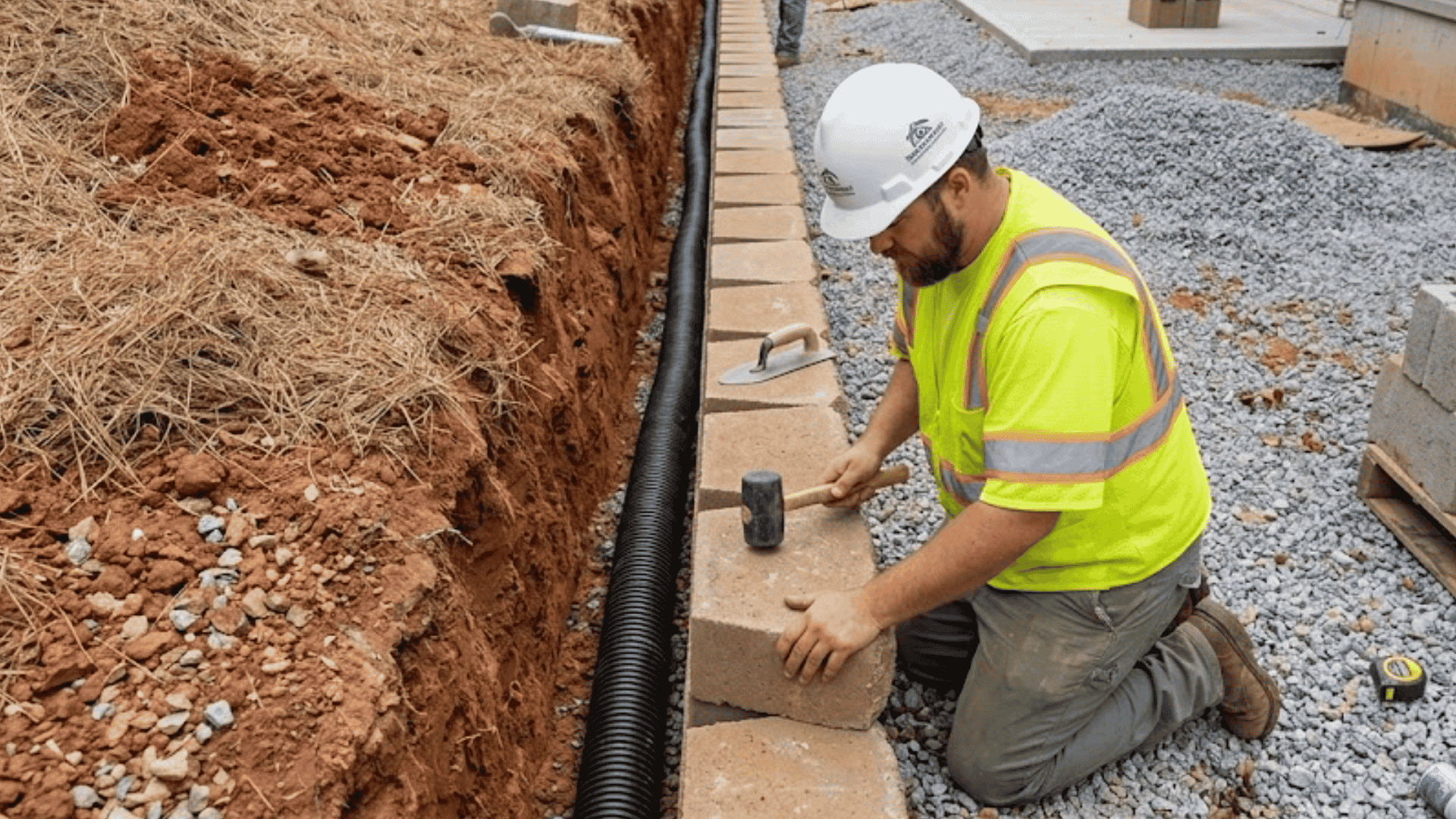 worker sets retaining wall blocks beside a drainage pipe on a gravel base during backyard construction