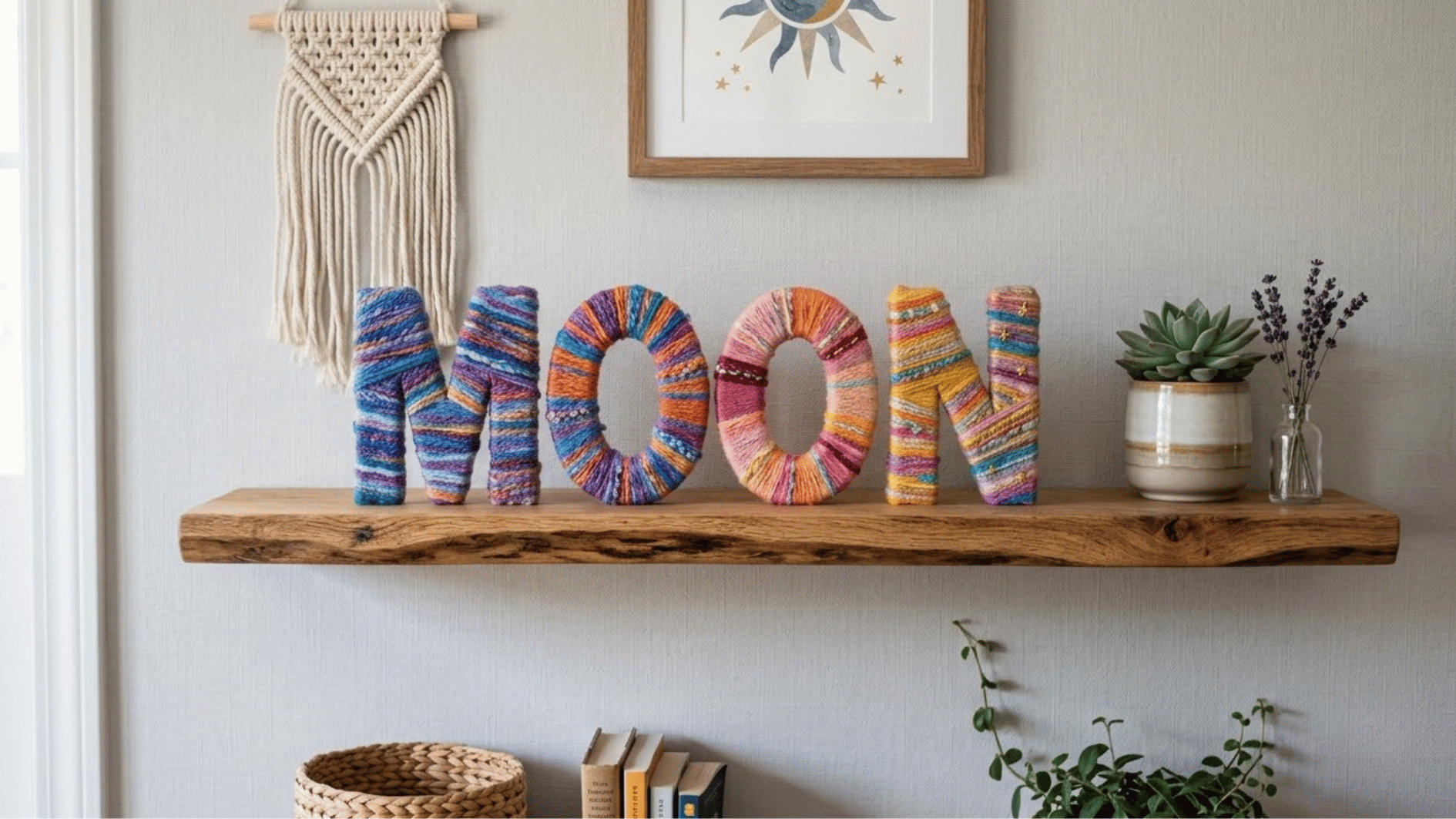 yarn-wrapped decorative letters styled on a floating shelf with a plant