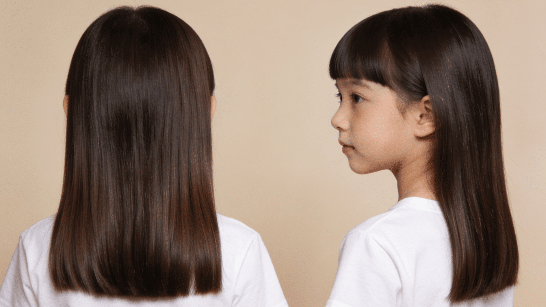Young girl with long hair cut blunt and straight across in a one-length style