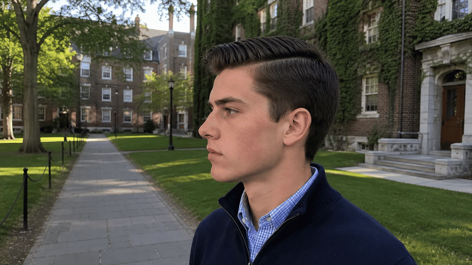 young man sporting ivy league crew cut with side part standing on college campus pathway