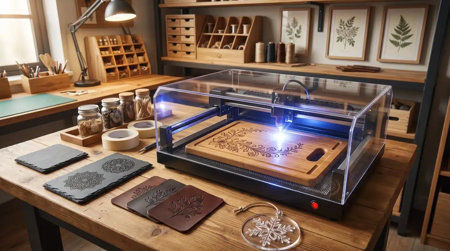 Laser engraving machine etching intricate design on wooden board in a well-organized crafts studio