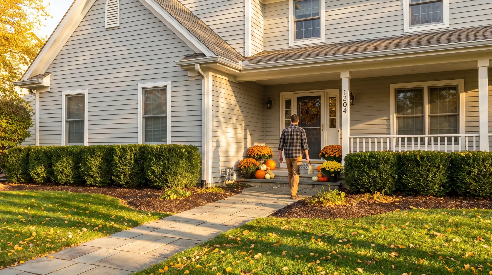 Man walking towards house decorated with pumpkins and orange flowers under warm sunlight