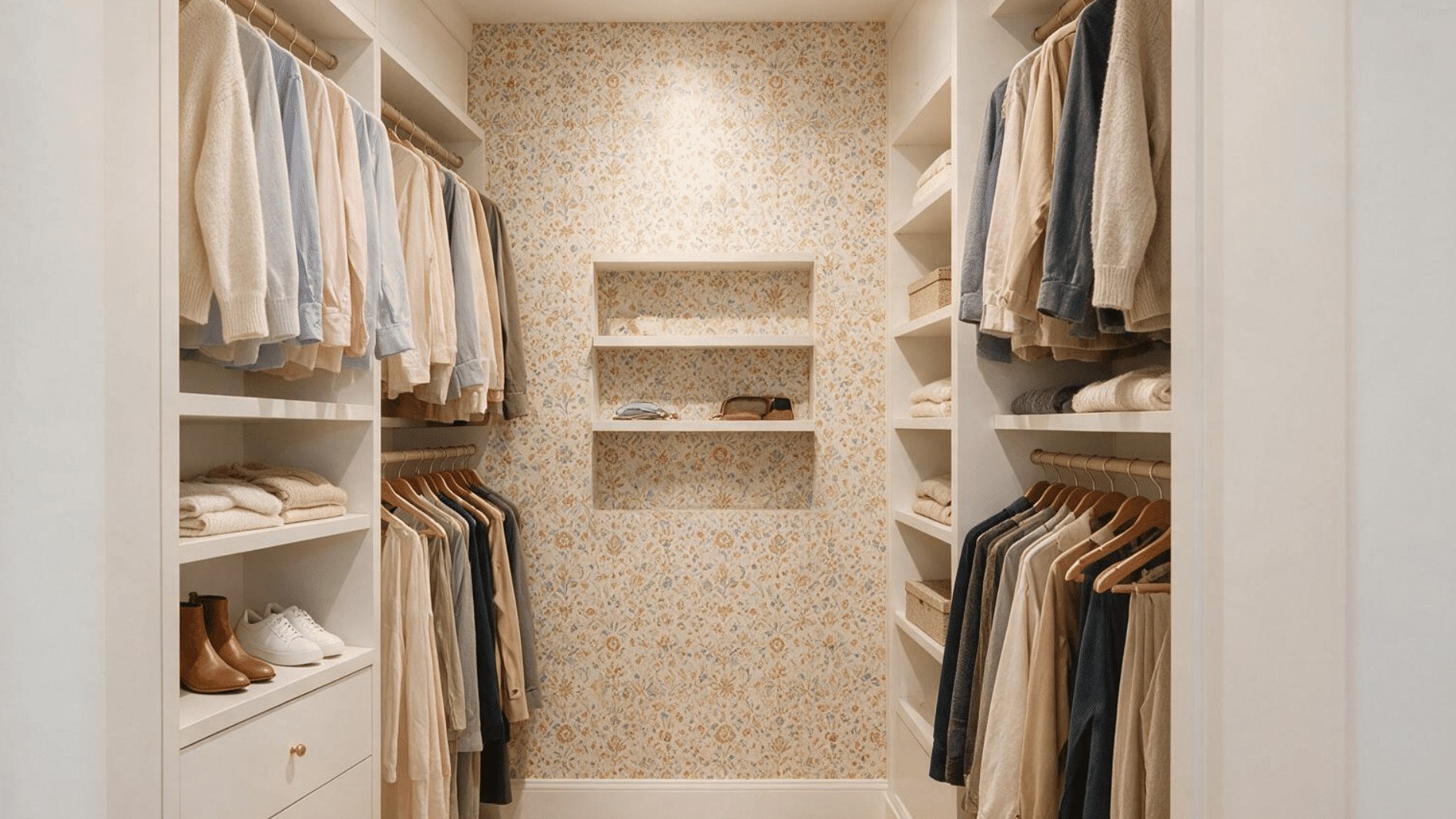 small walk-in closet with neutral cabinetry and a patterned accent wall at the back