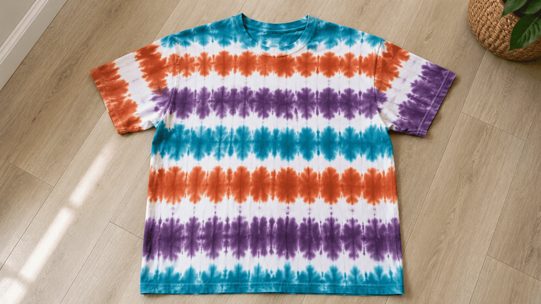 colorful accordion stripe tie dye pattern on a cotton t shirt