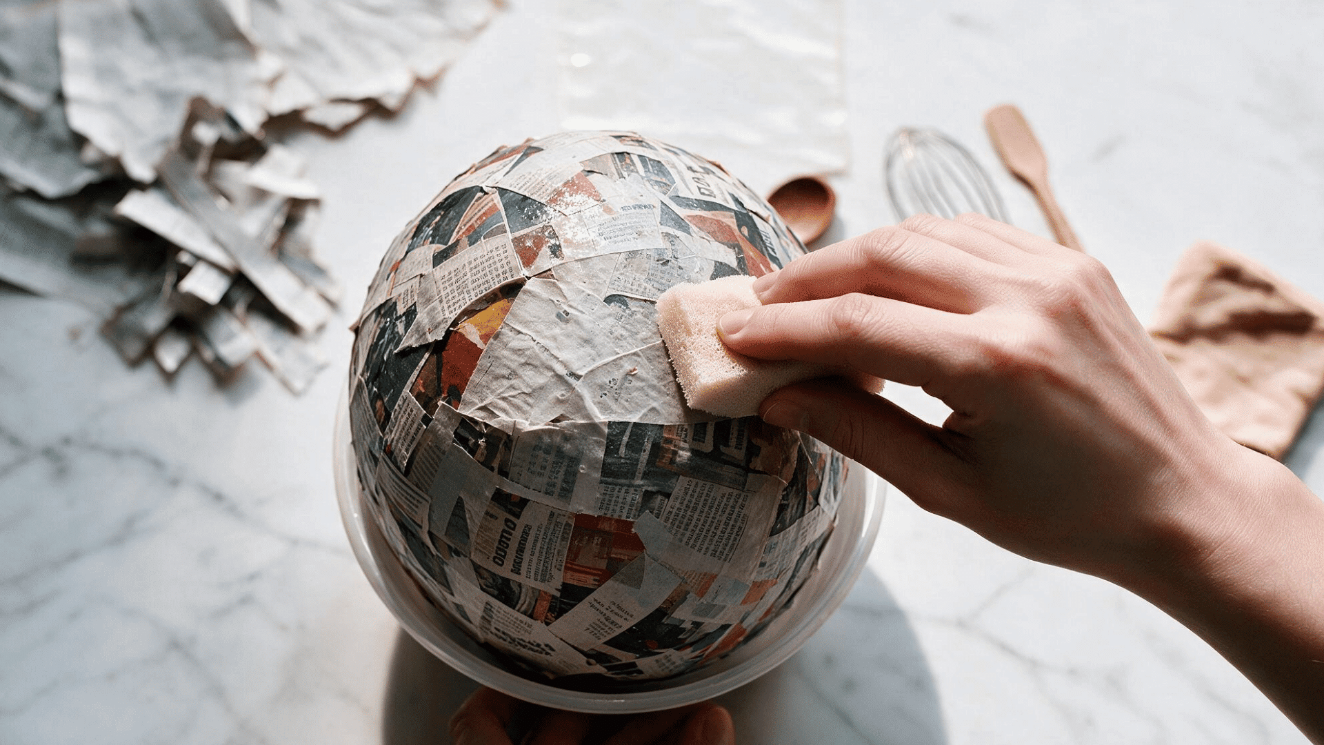 balloon fully covered in multiple overlapping layers of paper mache strips