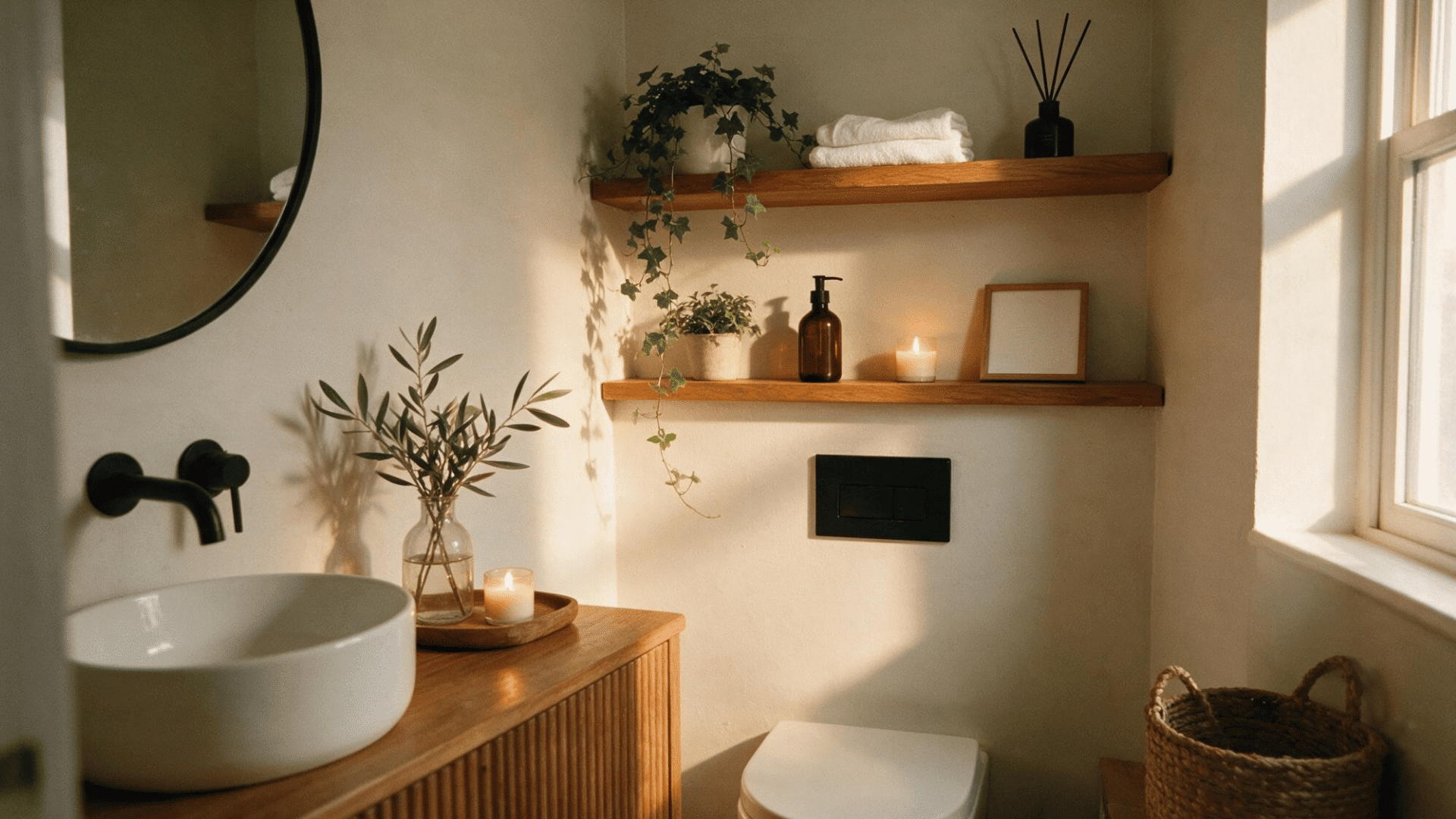 small half bathroom with wood floating shelves styled with plants and candles above a wall-mounted toilet