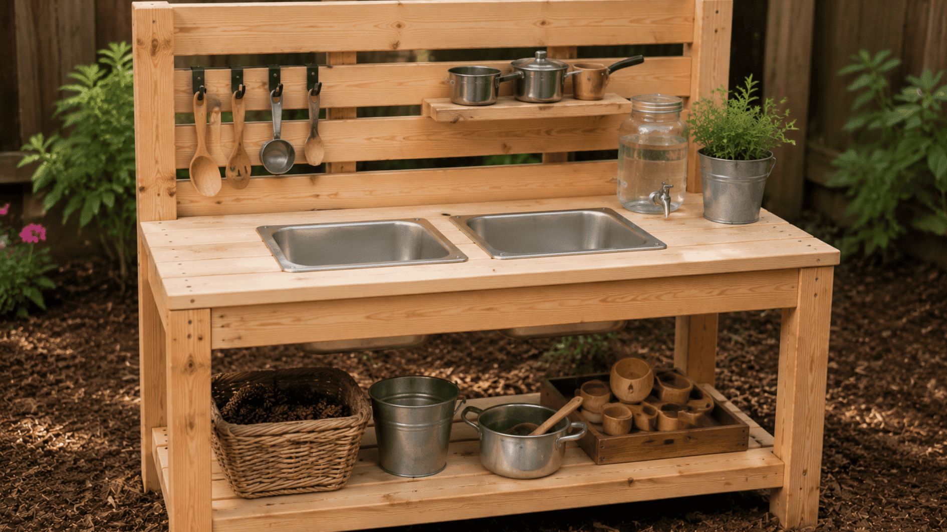 a child sitting with parents beside a finished <echighlighted><echighlighted>DIY mud kitchen</echighlighted></echighlighted>, placing bowls, spoons, and pots onto the play station