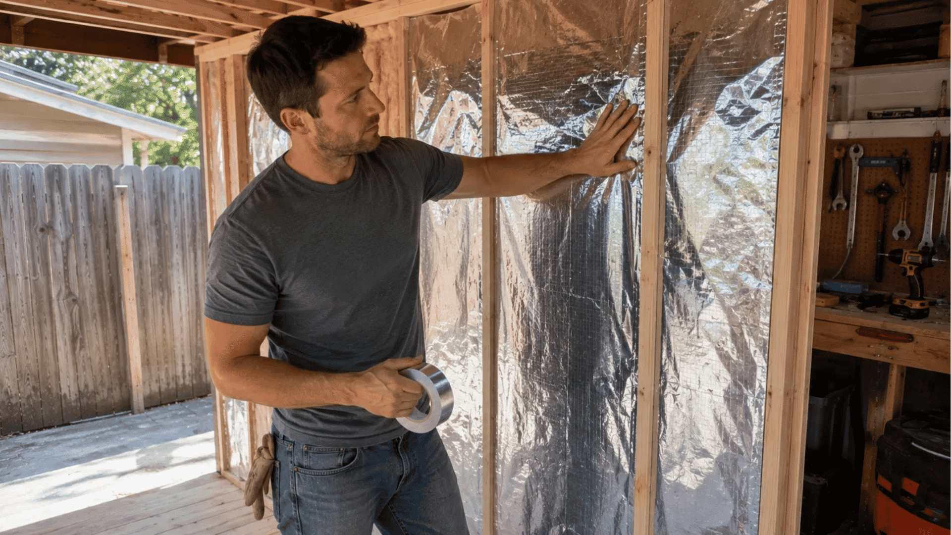 man smoothing reflective foil vapor barrier over insulated sauna wall studs