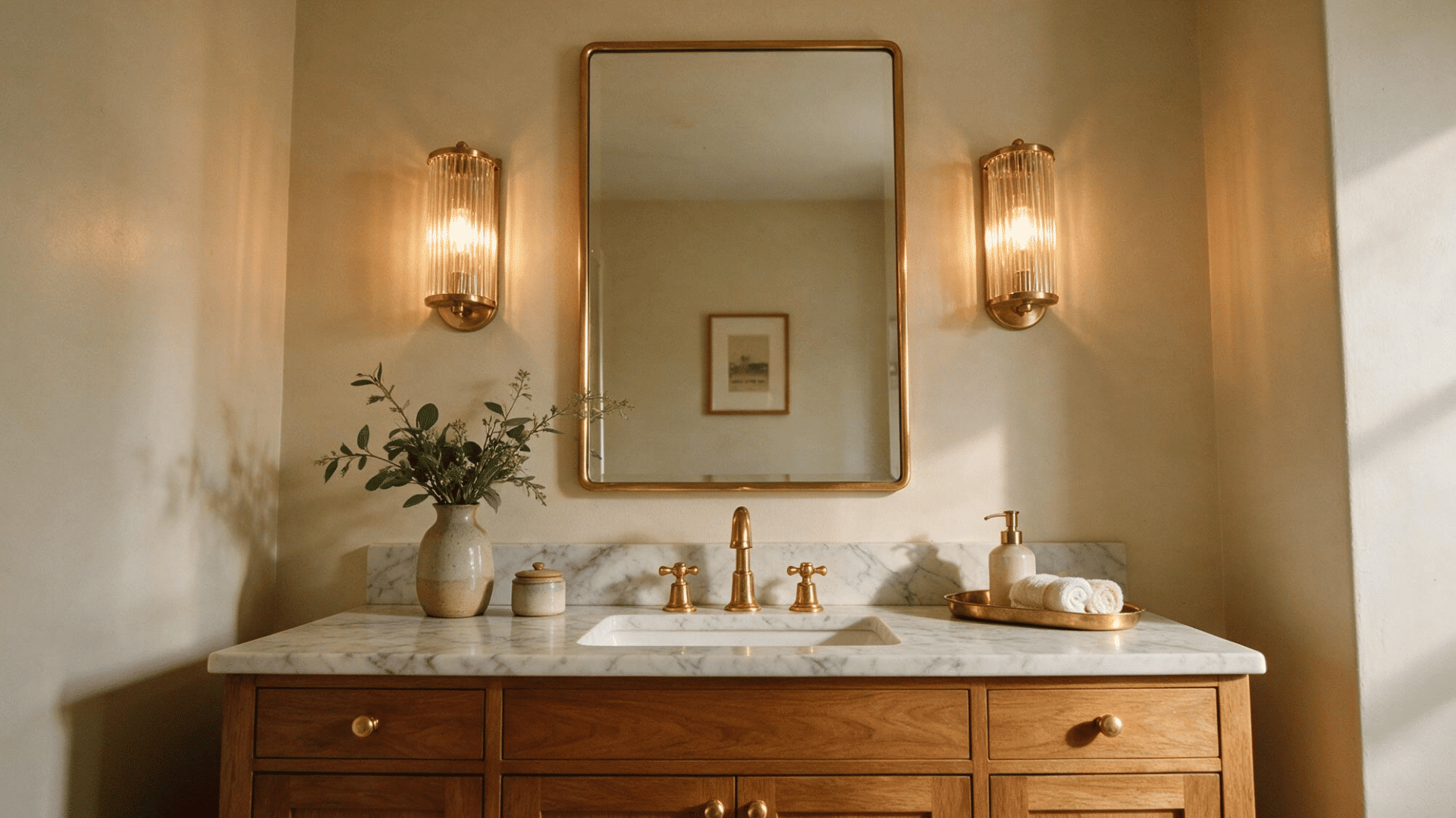 small half bathroom vanity with brass wall sconces flanking a rectangular mirror above a marble countertop