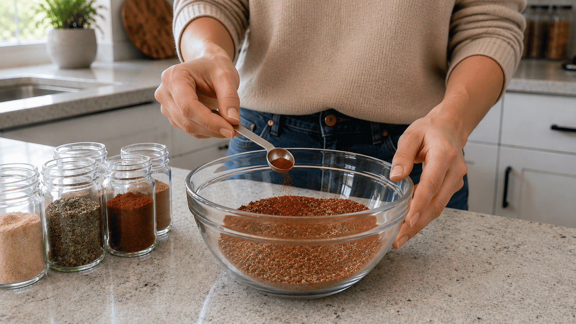 hand adding a small pinch of cayenne to an evenly mixed bowl of diy taco seasoning