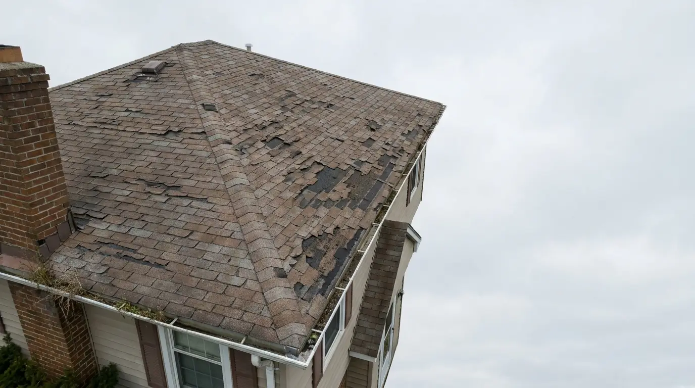 Worn shingle roof with visible damage on house under cloudy sky