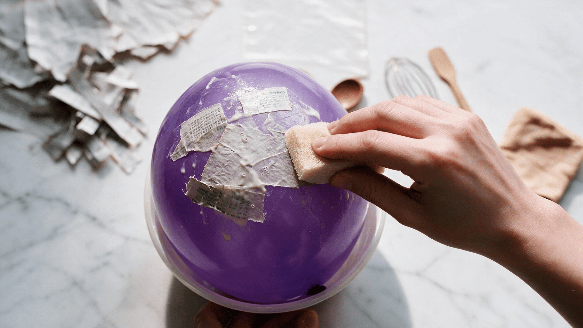hand using a sponge brush to smooth the first layer of paper mache strips onto a purple balloon