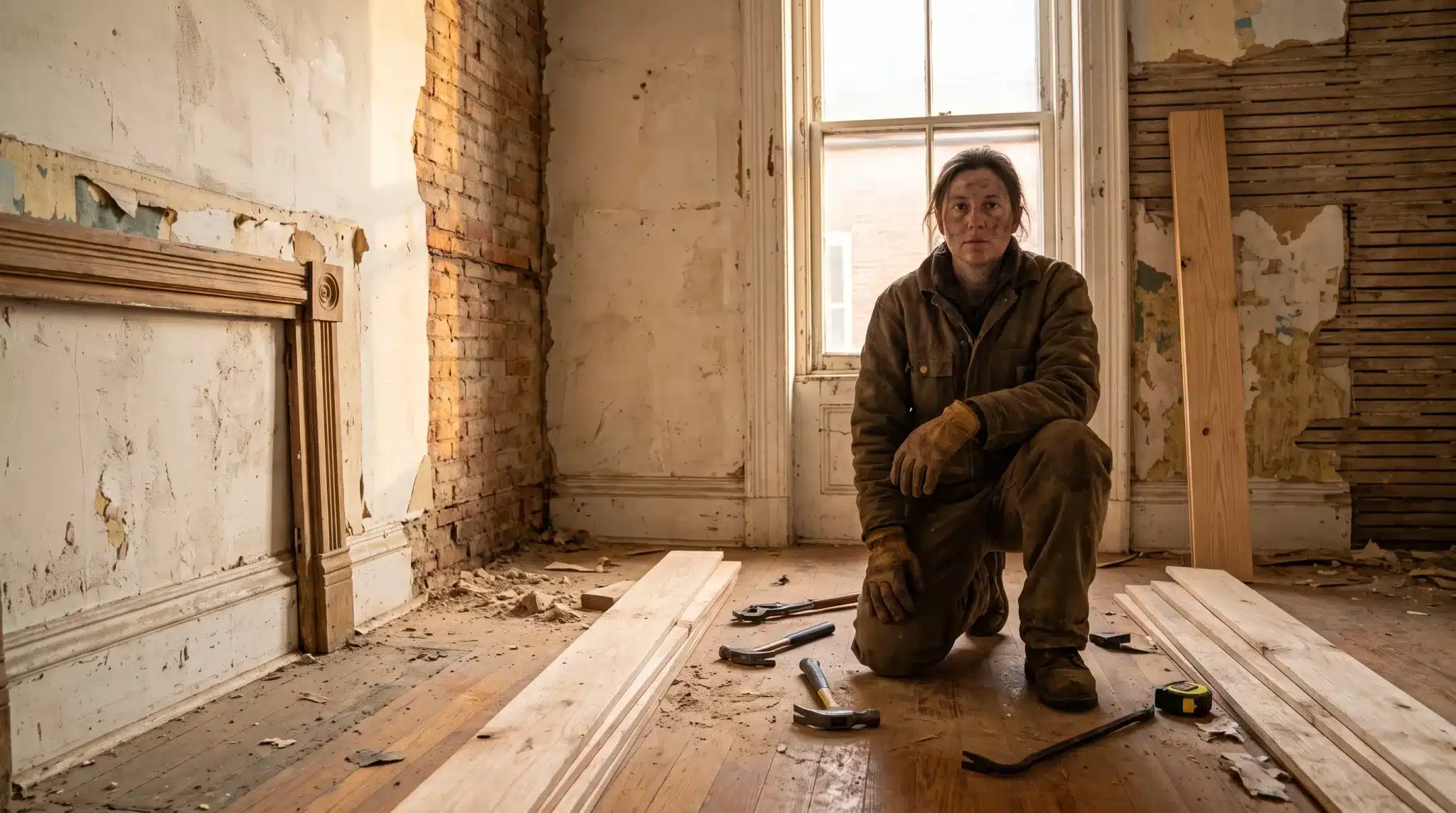 Worker in dusty room with tools and lumber during interior renovation project