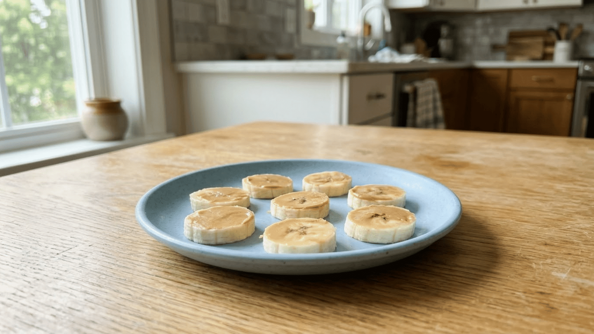 banana slices topped with a thin layer of smooth peanut butter