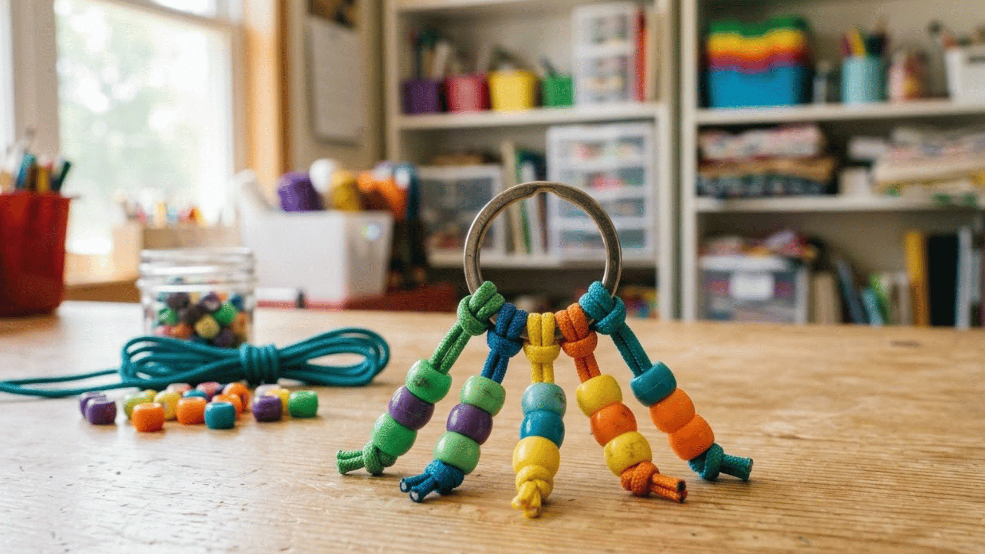 beaded key ring fidget with knotted cords and colorful pony beads resting on a light wood craft table supplies