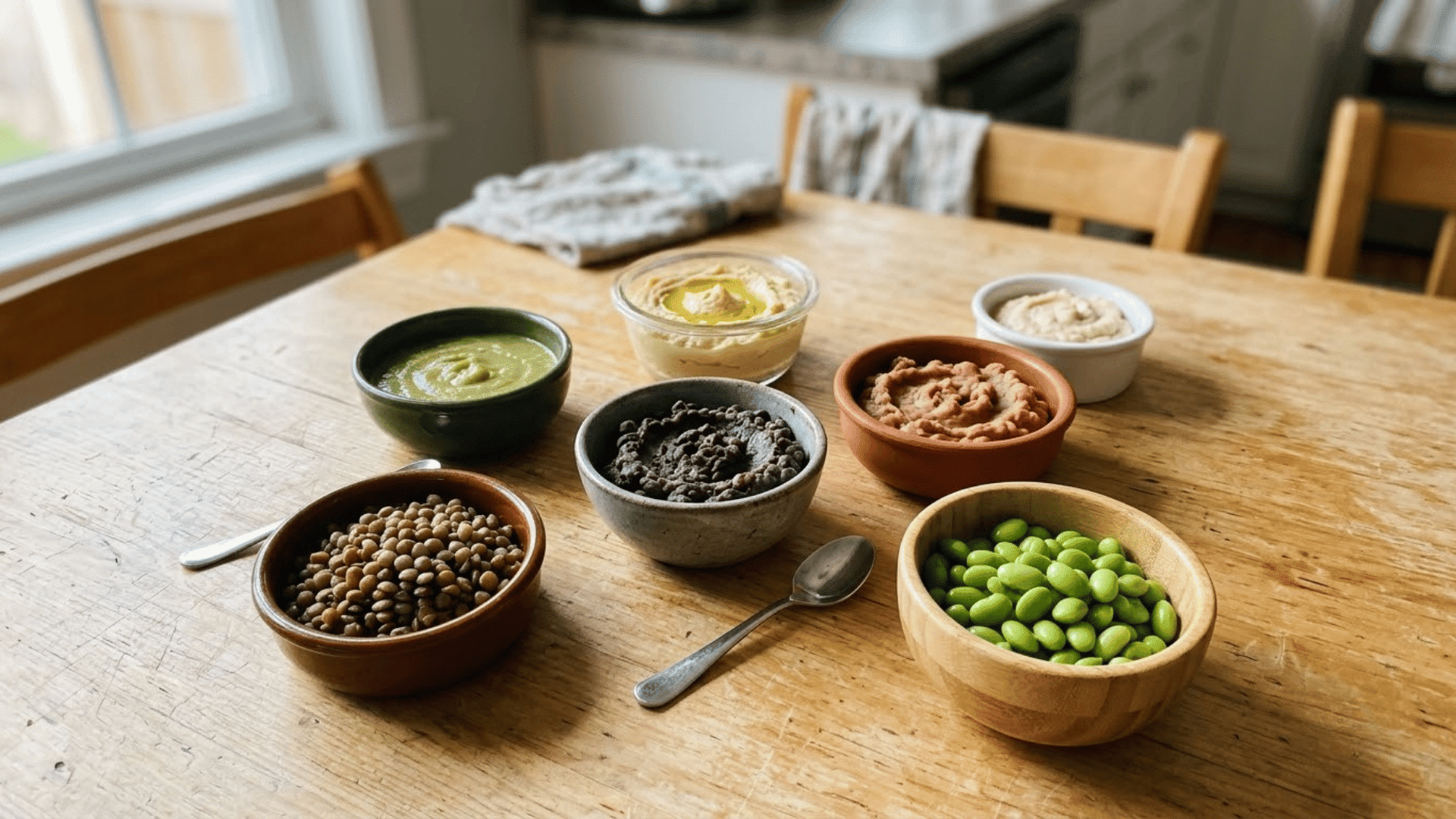 mashed beans, cooked lentils, hummus, and soft edamame served in toddler-sized portions