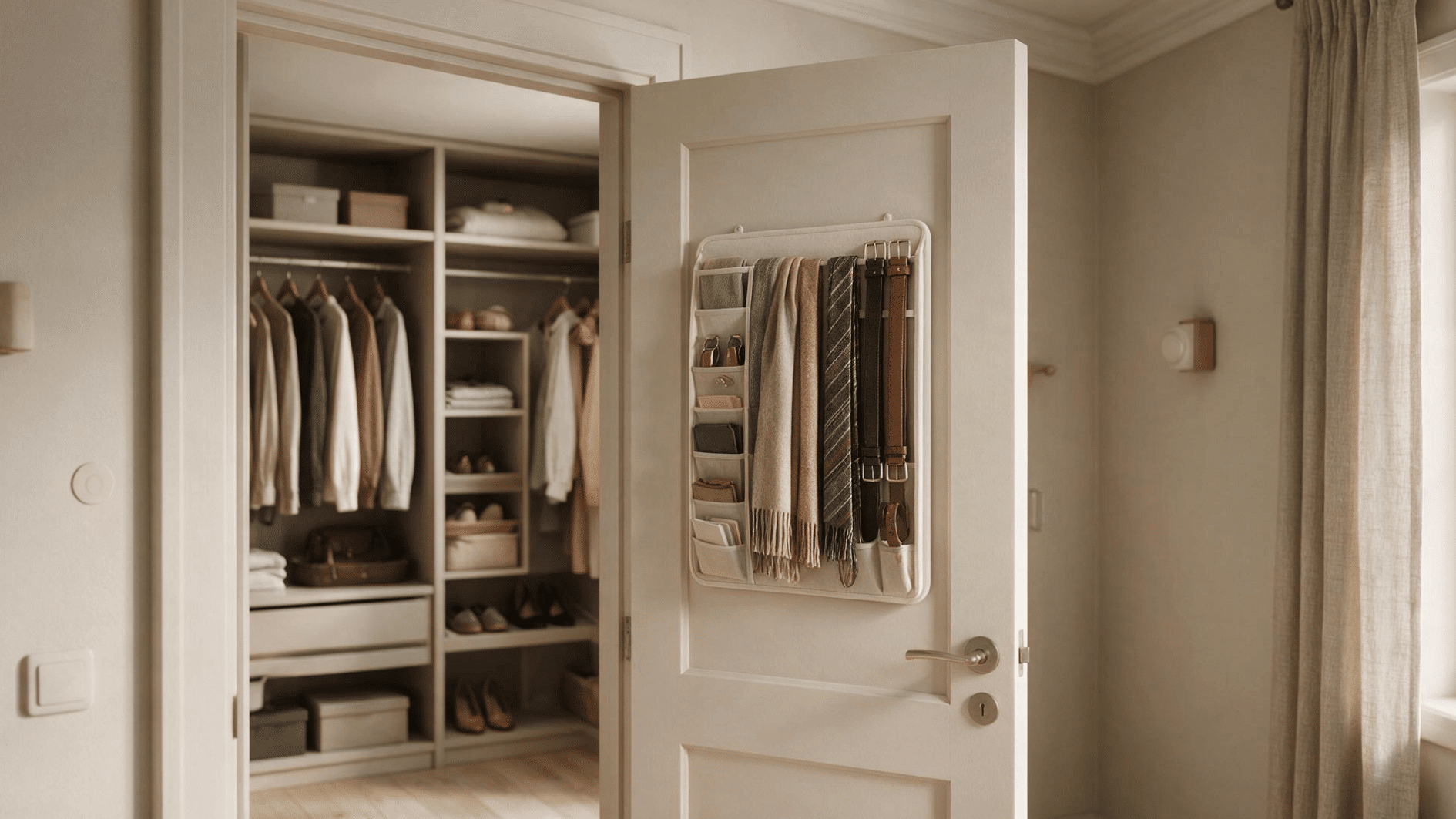 small walk-in closet with behind-the-door storage for belts, scarves, and accessories