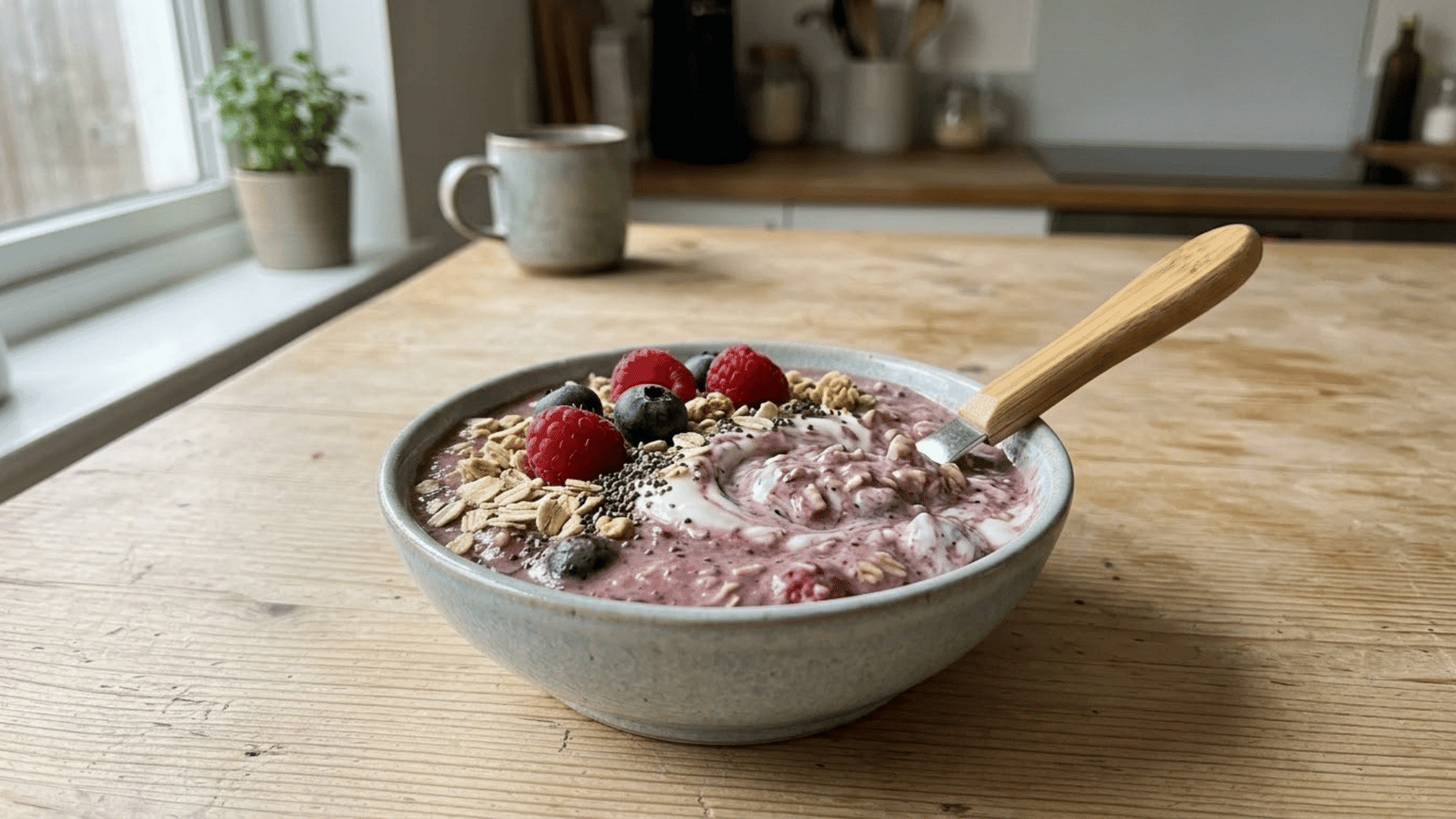 thick berry yogurt smoothie bowl mixed with softened rolled oats