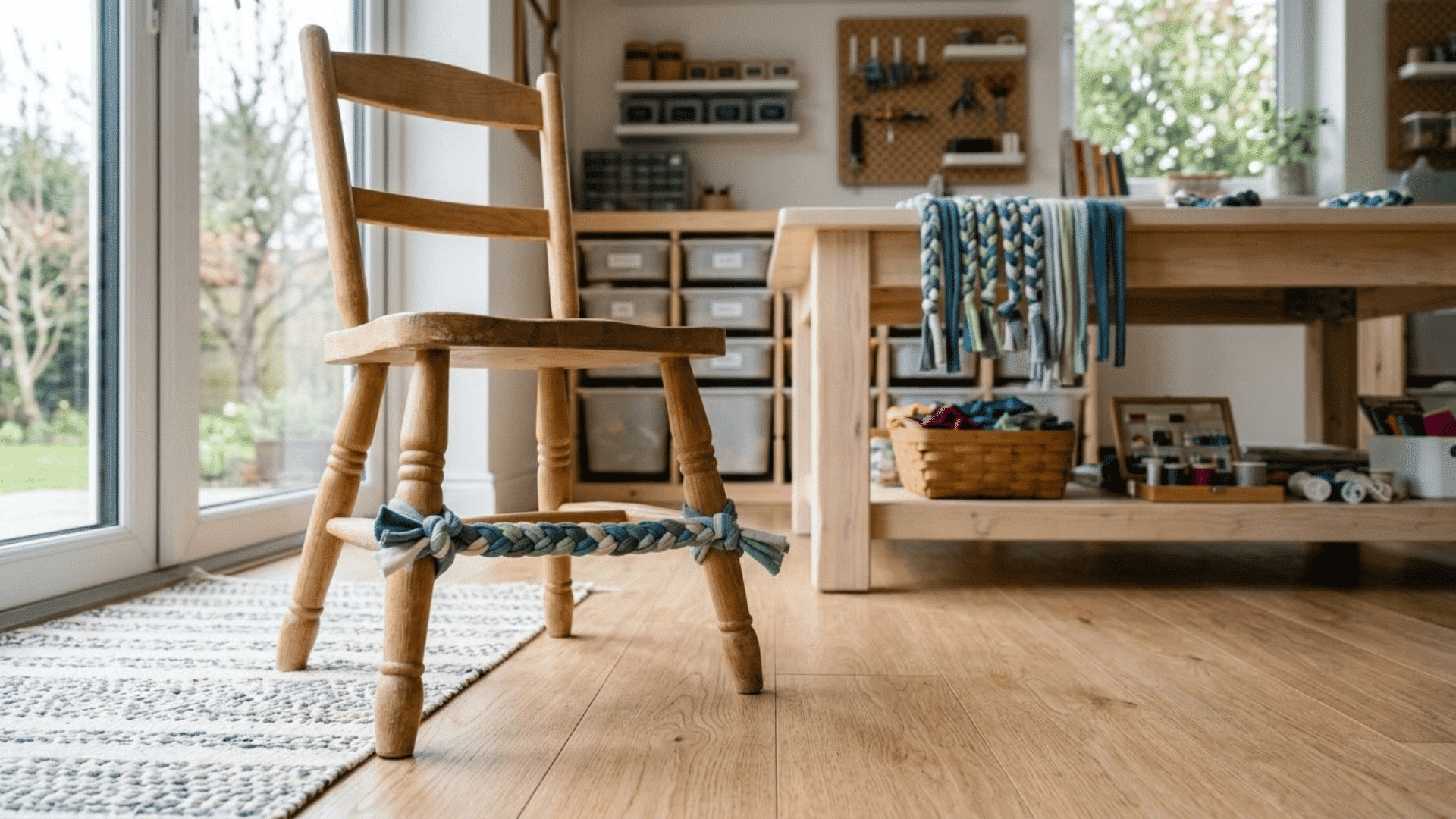 braided fabric chair fidget band secured between the front legs of a small wooden chair in a craft room nearby